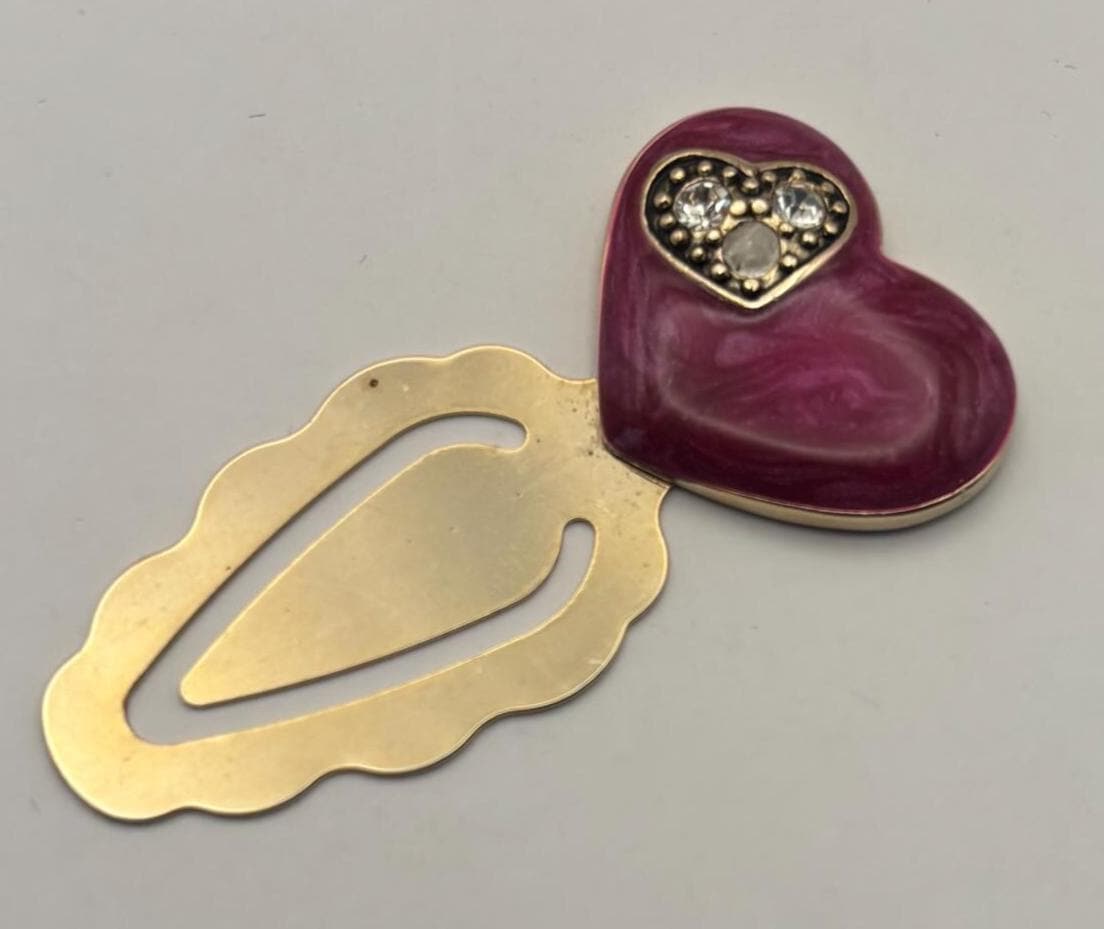 Vintage Gold Pink Heart Enamel Book Marker with Crystal Rhinestone Bookmark Lover Antiques and Vintage