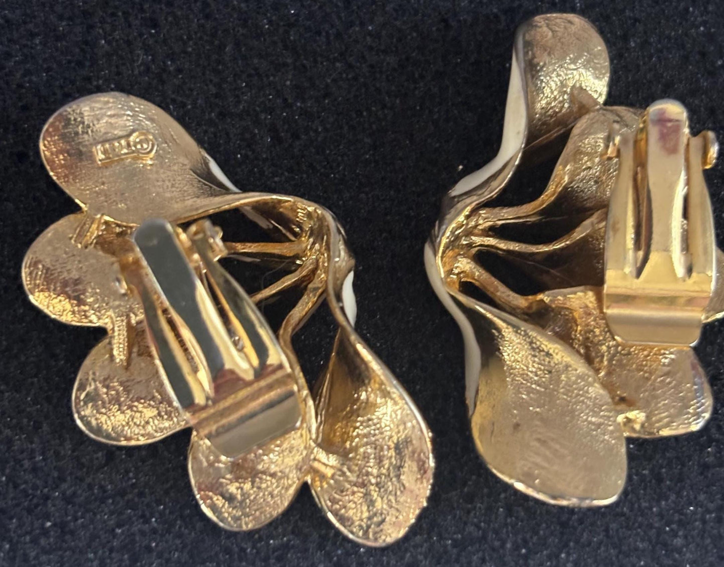 Vintage TAT Large Cream Enamel Fan Shaped Clip On Earrings Lover Antiques and Vintage