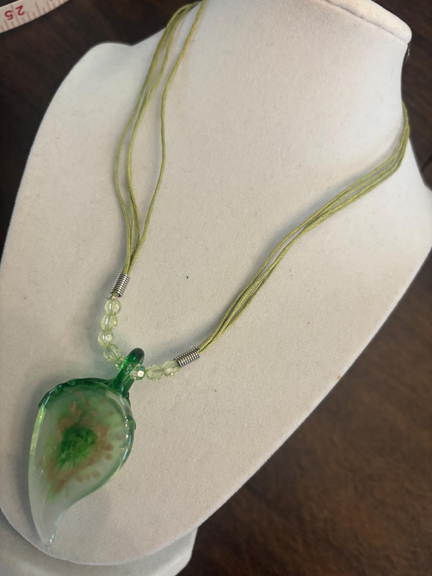 Vintage Green Glass Leaf Hinge Crafted Art Glass Necklace Lover Antiques and Vintage