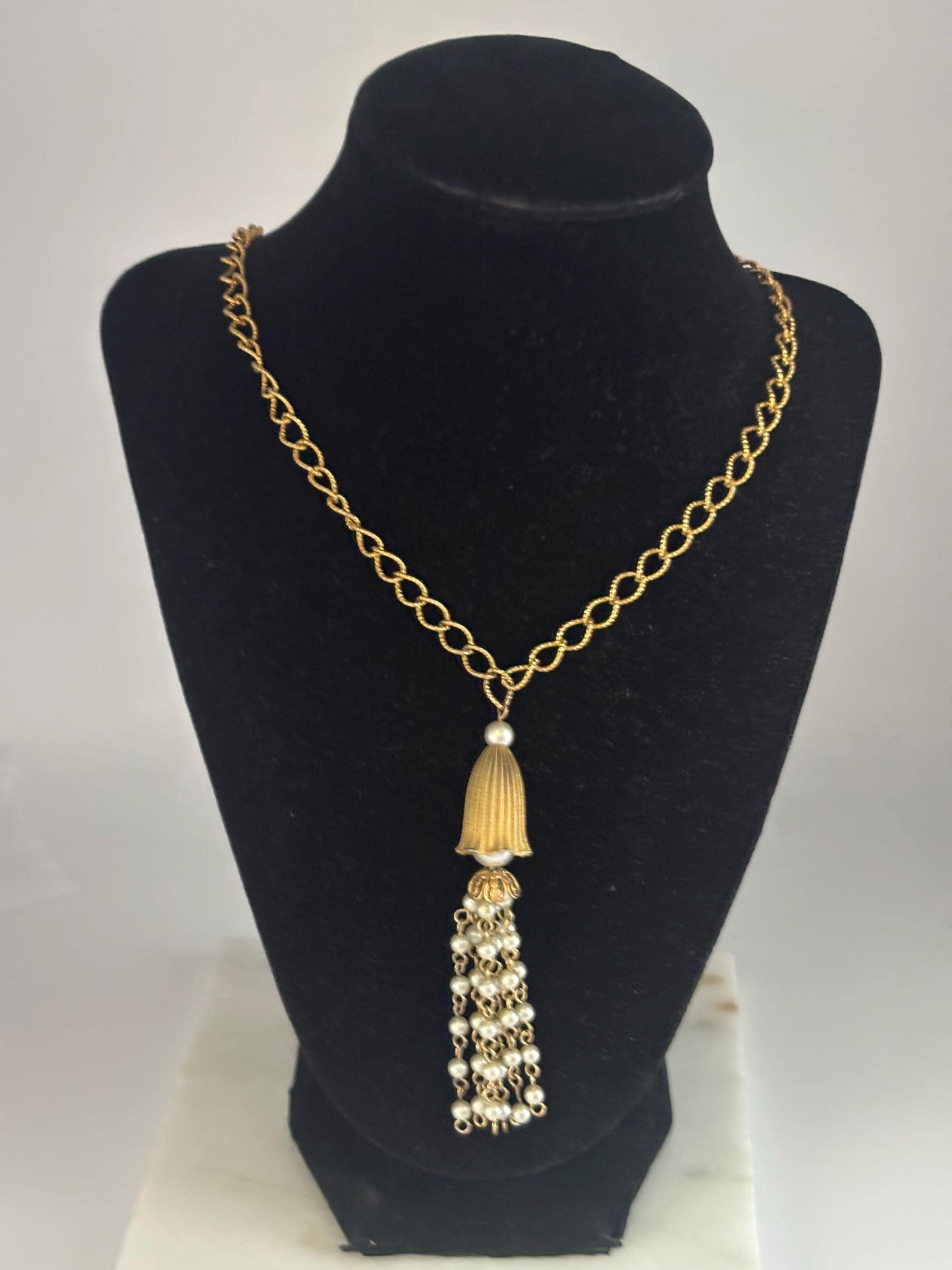 Vintage Gold Toned Hollywood Regency Style Necklace with Tassel Faux Pearl Lover Antiques and Vintage