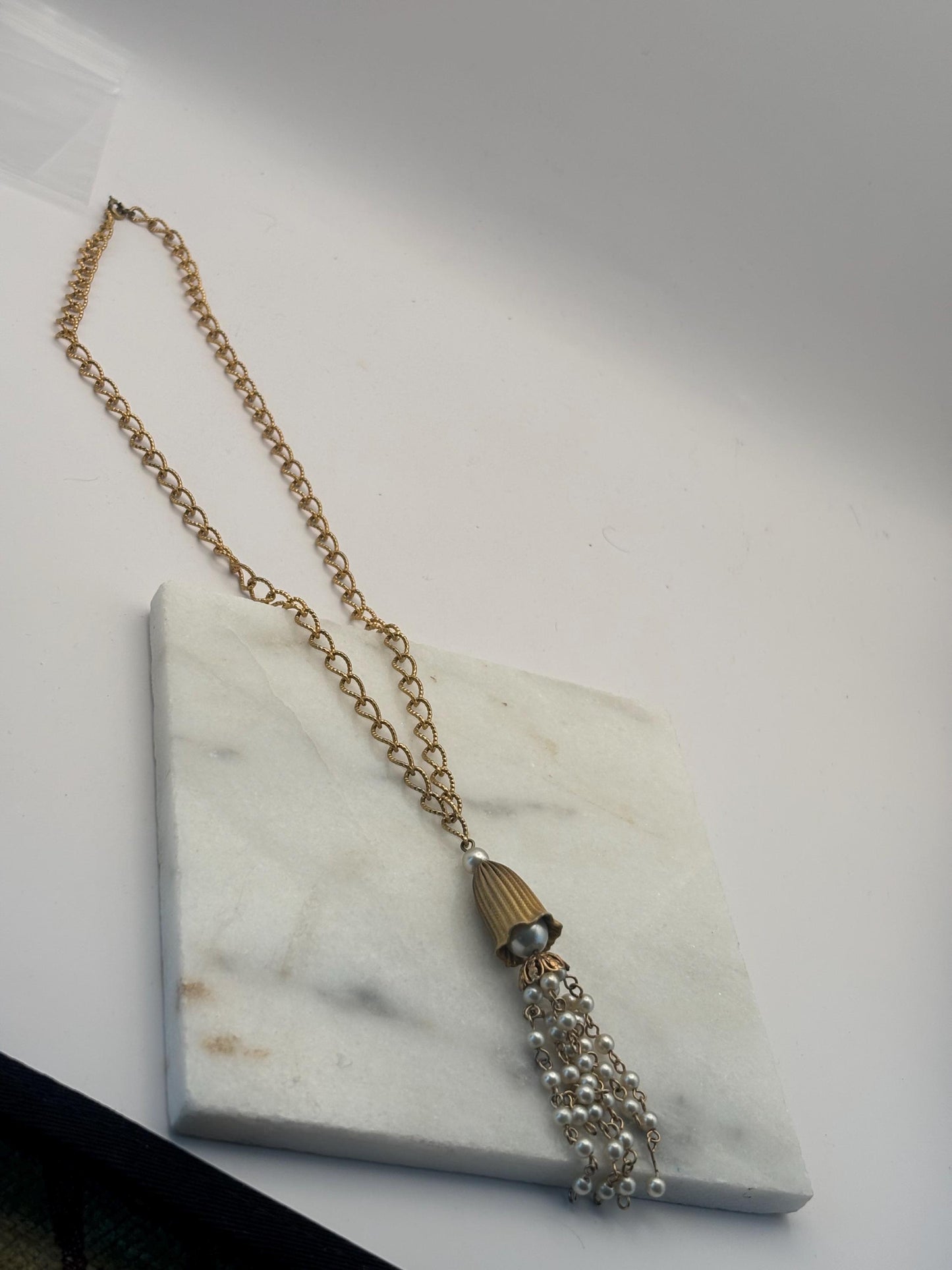 Vintage Gold Toned Hollywood Regency Style Necklace with Tassel Faux Pearl Lover Antiques and Vintage
