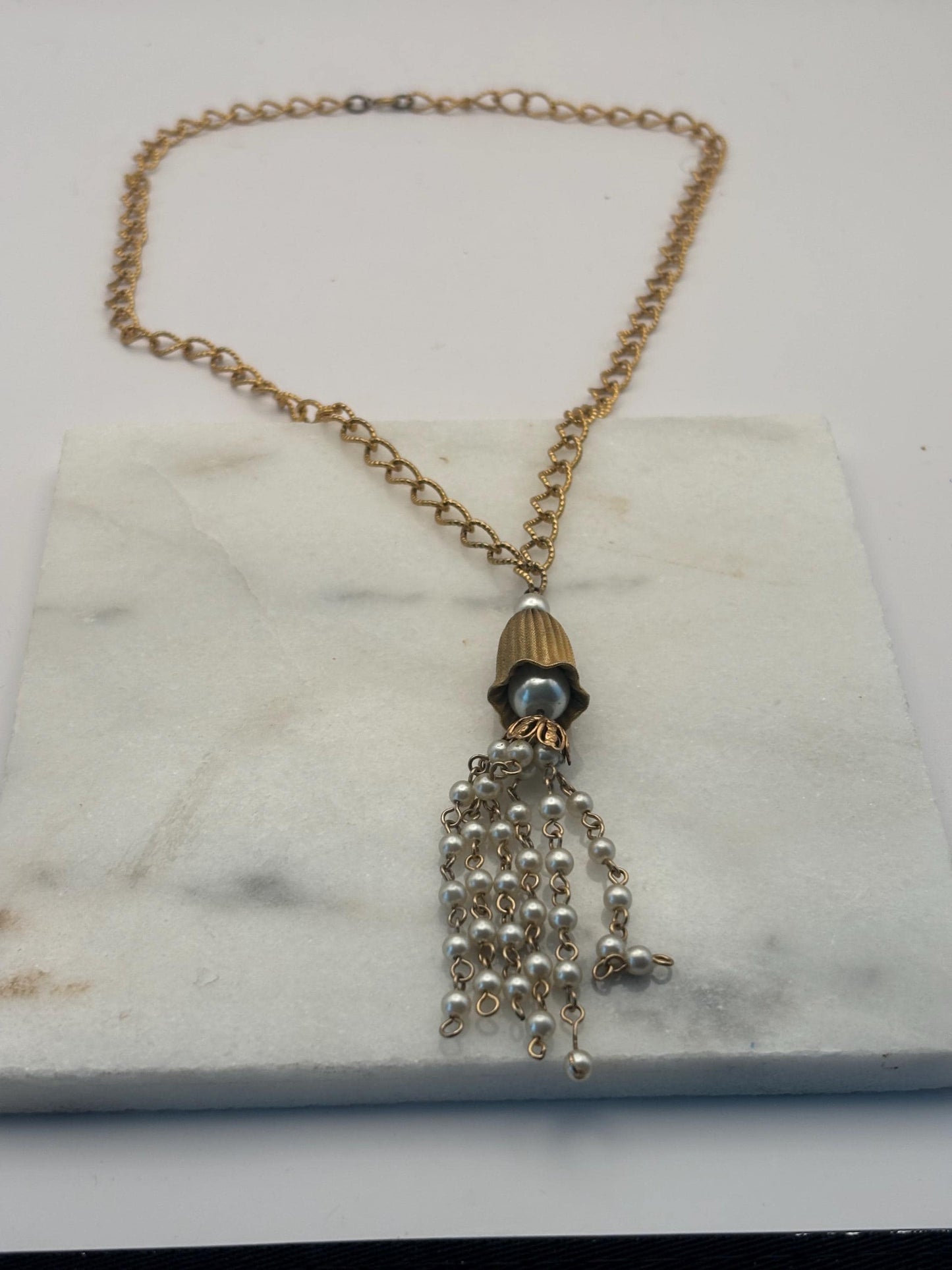 Vintage Gold Toned Hollywood Regency Style Necklace with Tassel Faux Pearl Lover Antiques and Vintage