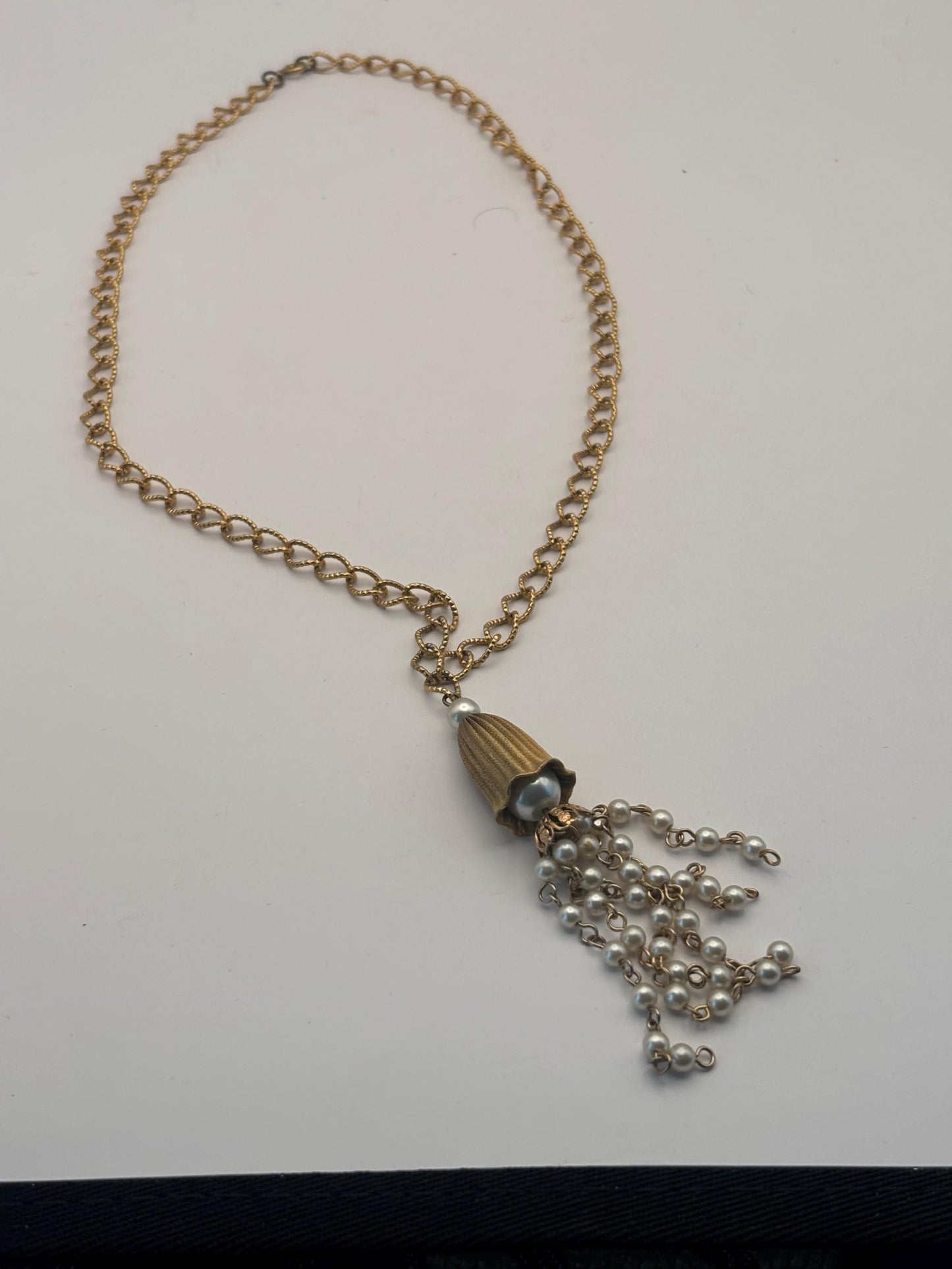 Vintage Gold Toned Hollywood Regency Style Necklace with Tassel Faux Pearl Lover Antiques and Vintage