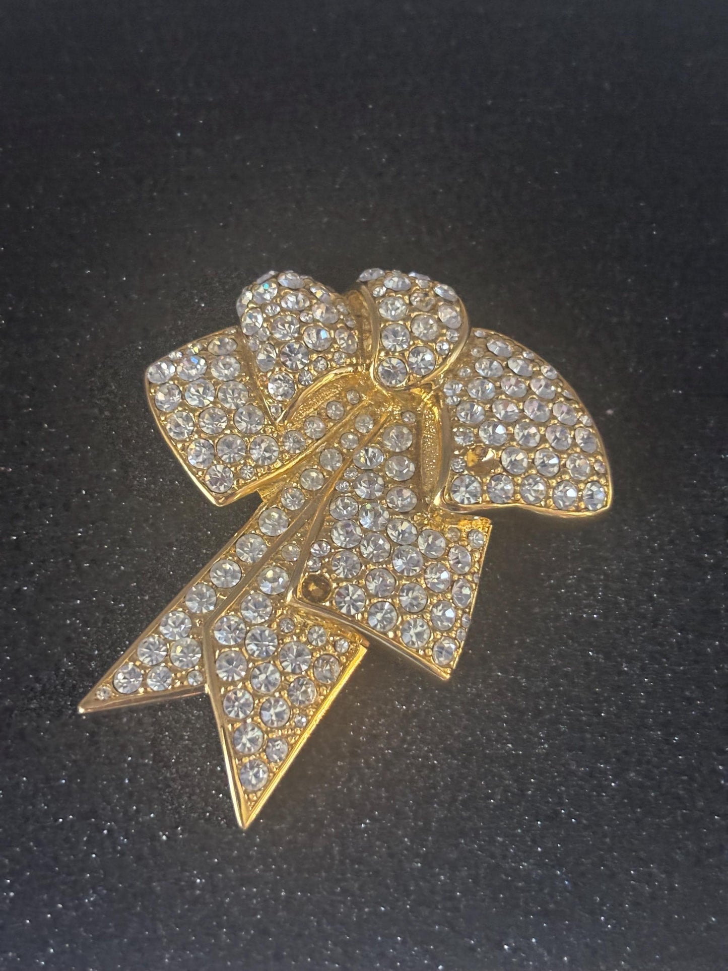 Vintage Nolan Miller Gold Tone Rhinestone Bow Brooch Pin Lover Antiques and Vintage