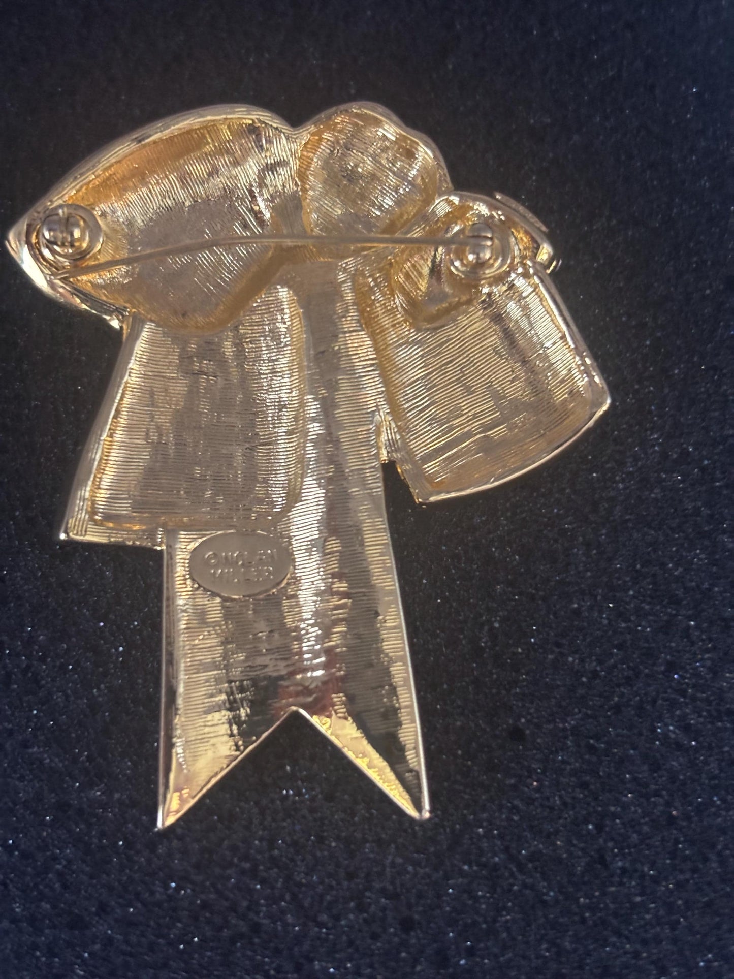 Vintage Nolan Miller Gold Tone Rhinestone Bow Brooch Pin Lover Antiques and Vintage