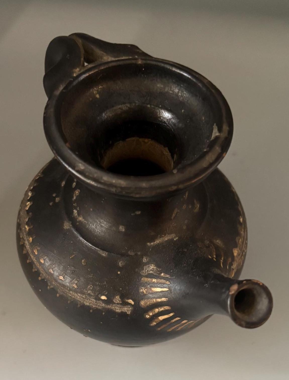 Antique Black Glazed Guttus with Loop Handle Funnel Spout Lover Antiques Vintage