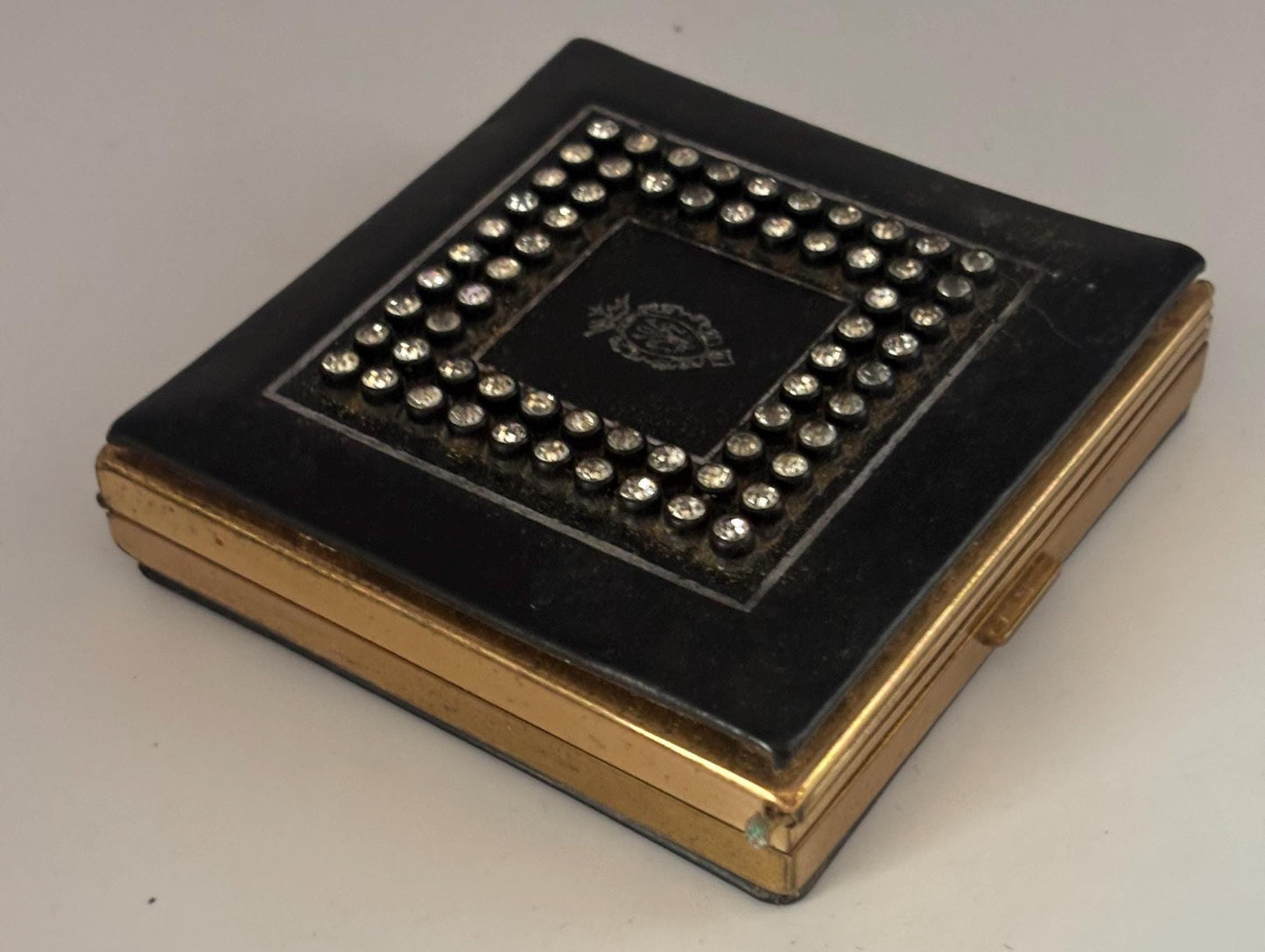Vintage Black & Gold Square Enamel Powder Puff Case Rhinestones Lover Antiques and Vintage