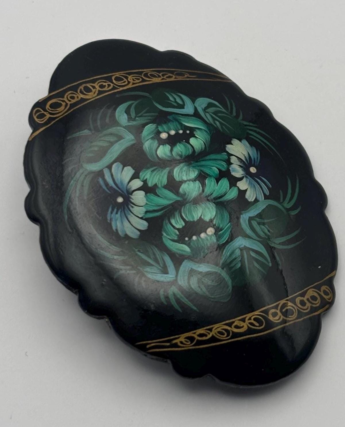 Vintage Russian Laquer Wood Brooch Pin Lover Antiques and Vintage