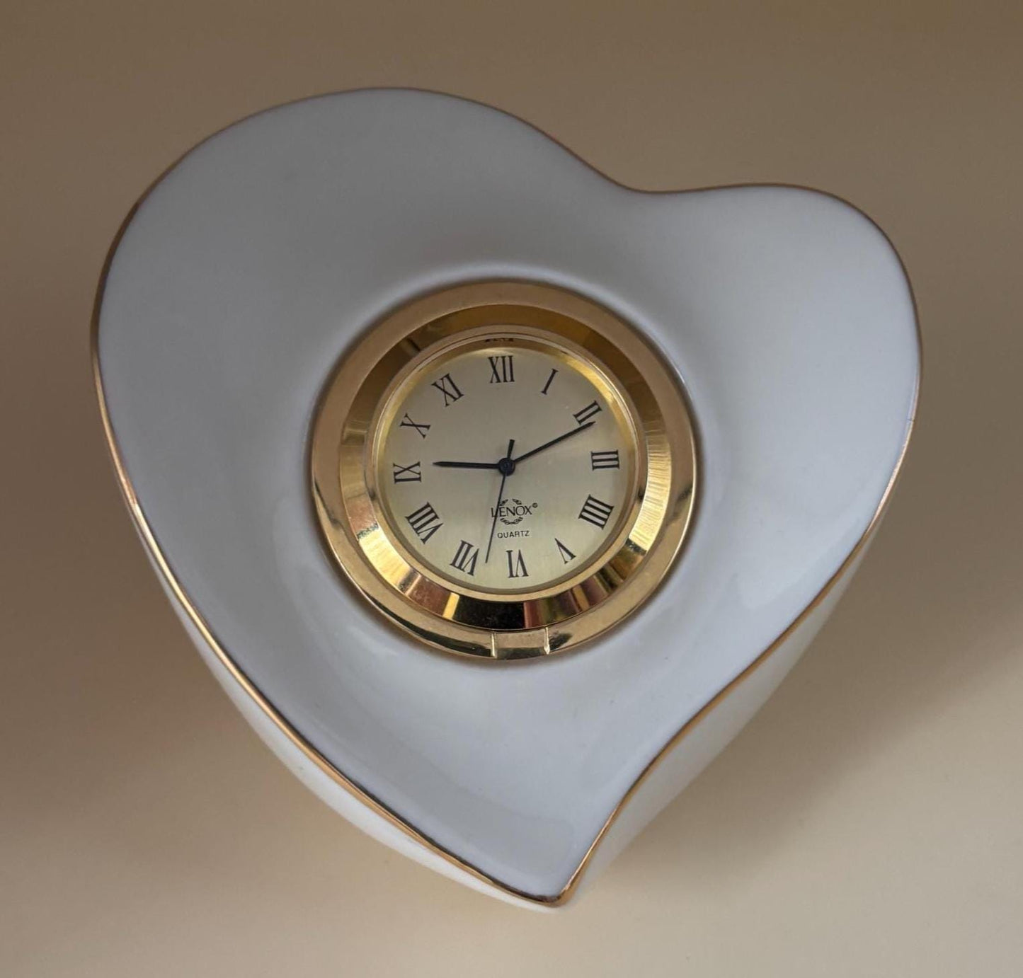 Vintage Lenox Heart Shaped White Porcelain Clock Gold Lining Lover Antiques and Vintage