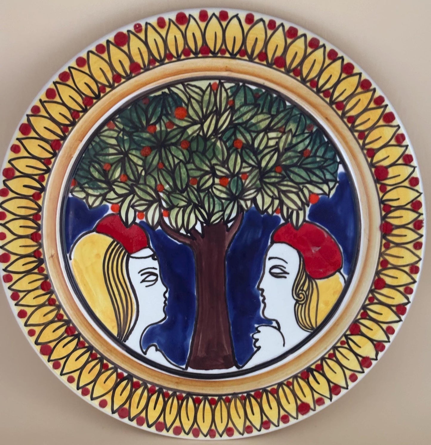 Vintage LEMANI Adam and Eve Pottery Plate Tonal Hand Painted Mexican Folk Art Lover Antiques Vintage