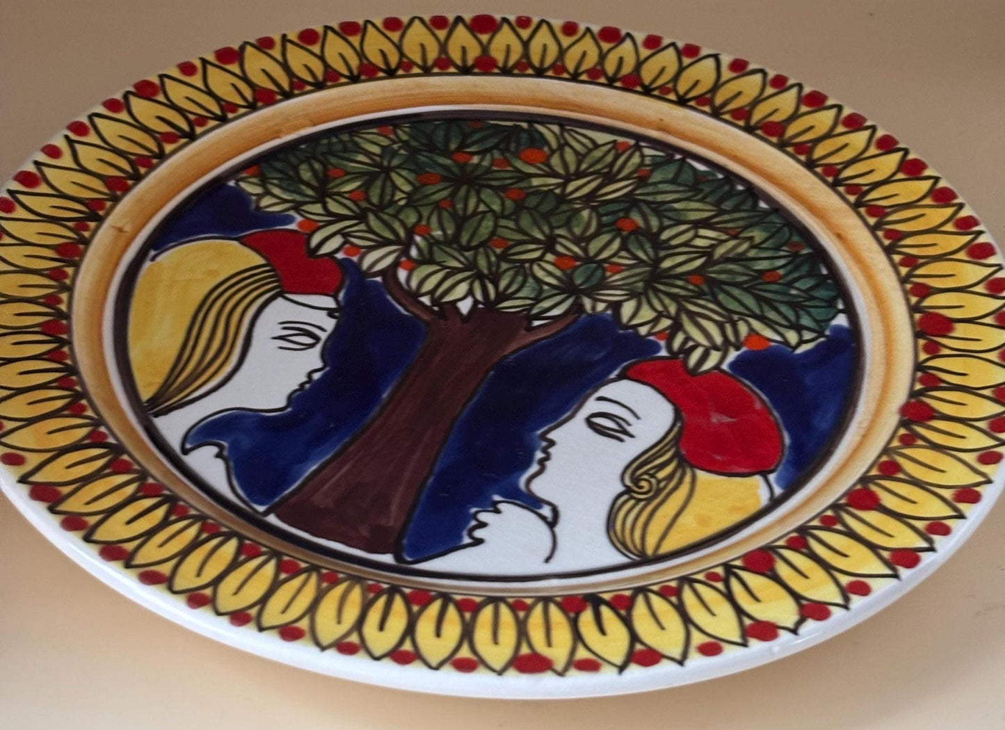 Vintage LEMANI Adam and Eve Pottery Plate Tonal Hand Painted Mexican Folk Art Lover Antiques Vintage