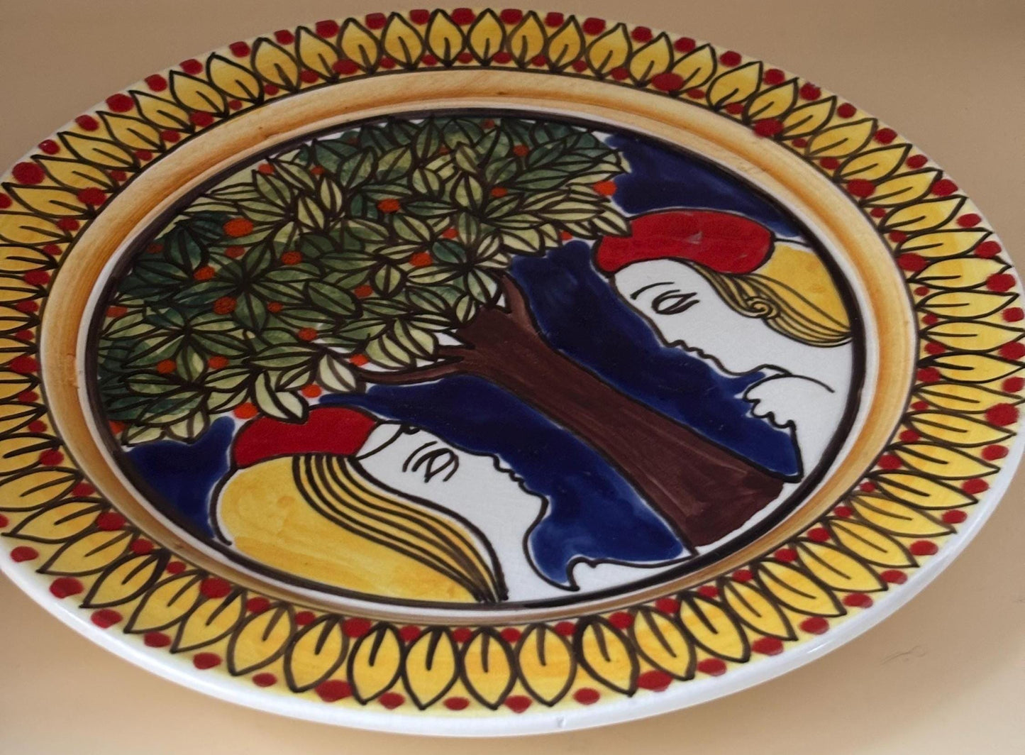 Vintage LEMANI Adam and Eve Pottery Plate Tonal Hand Painted Mexican Folk Art Lover Antiques Vintage
