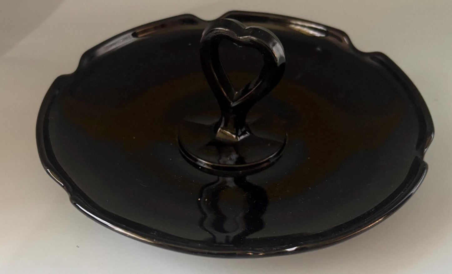 LE Smith Mt Pleasant Black Amethyst Glass Candy Dish with Heart Shaped Handle Lover Antiques and Vintage
