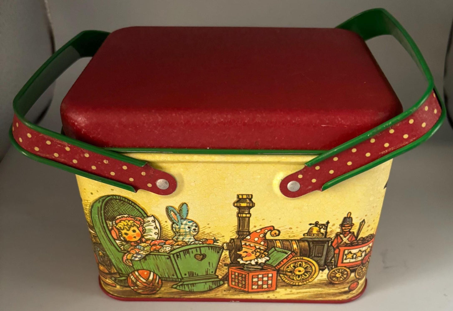 Vintage Tin Box with Double Handle and Lid Potpourri Press Christmas Tin Toys Horse Lover Antiques and Vintage