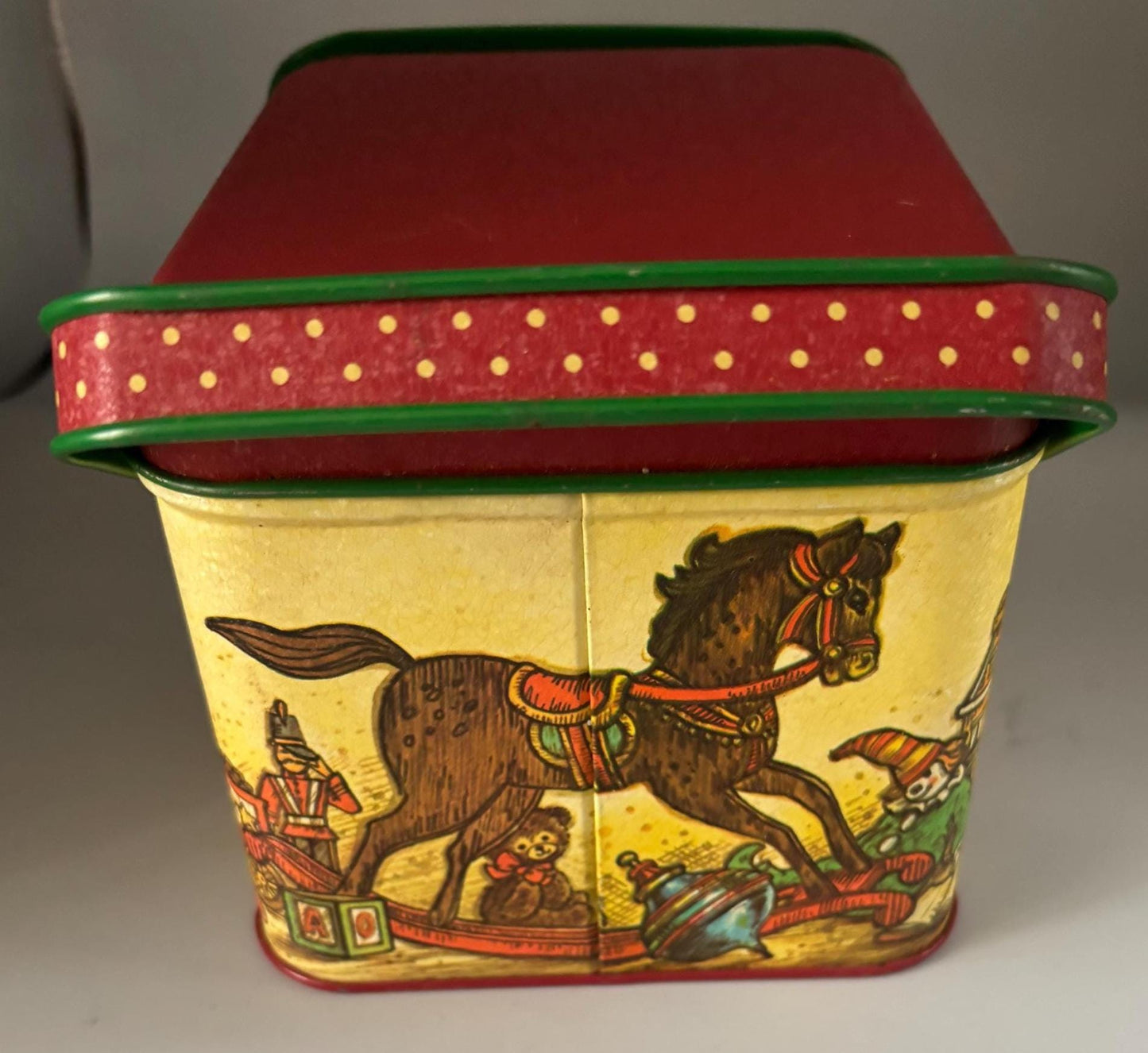 Vintage Tin Box with Double Handle and Lid Potpourri Press Christmas Tin Toys Horse Lover Antiques and Vintage