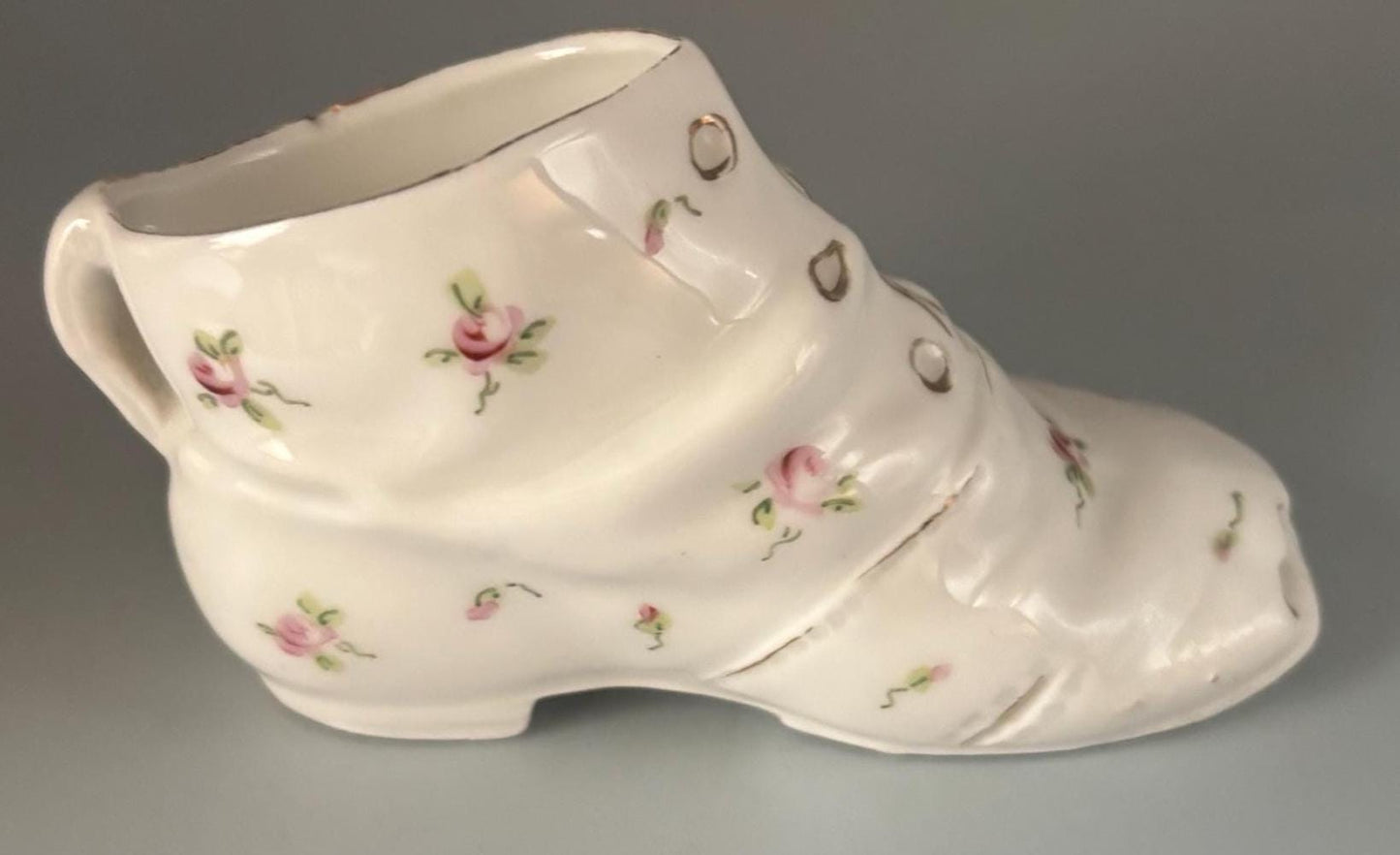 Vintage Porcelain Shoe with Hand Painted Flowers White and Pink with Green Rose Shoe Lover Antiques and Vintage