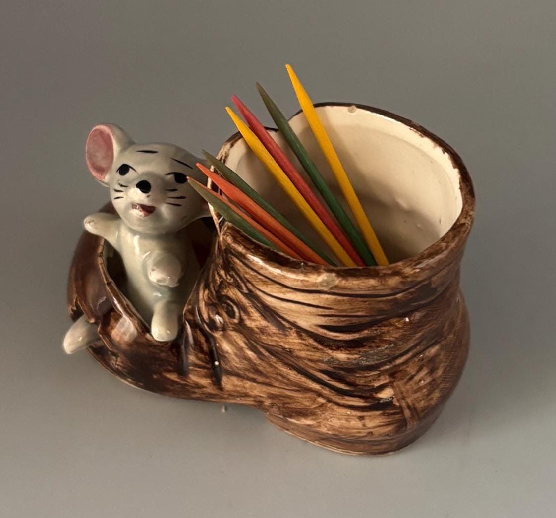 Ceramic Toothpick Holder Brown Boot with Mouse Lover Antiques and Vintage