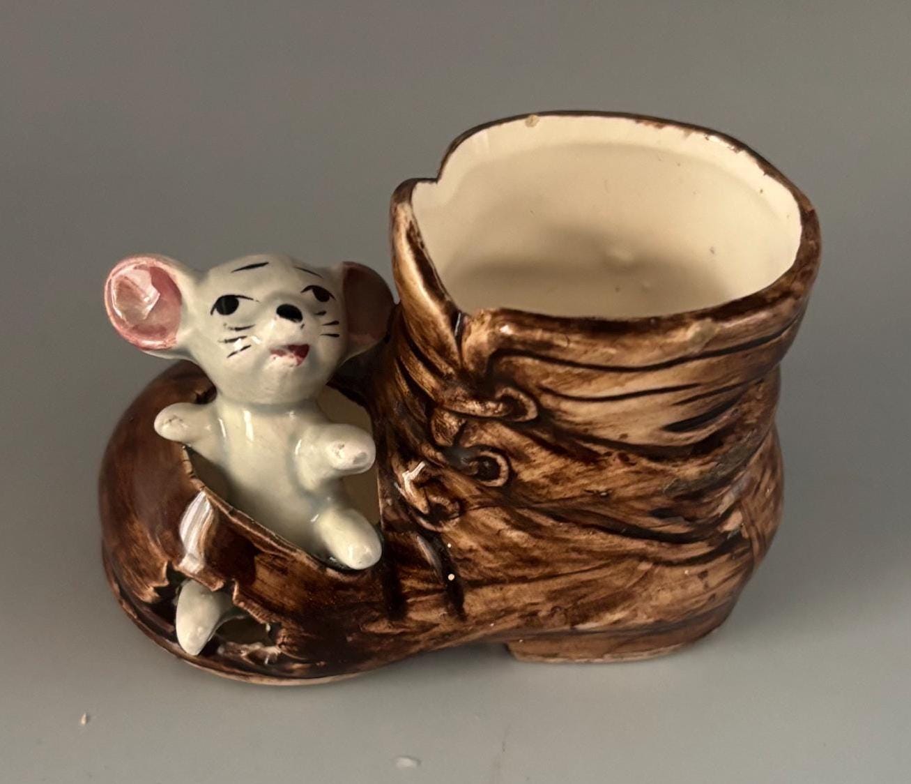 Ceramic Toothpick Holder Brown Boot with Mouse Lover Antiques and Vintage