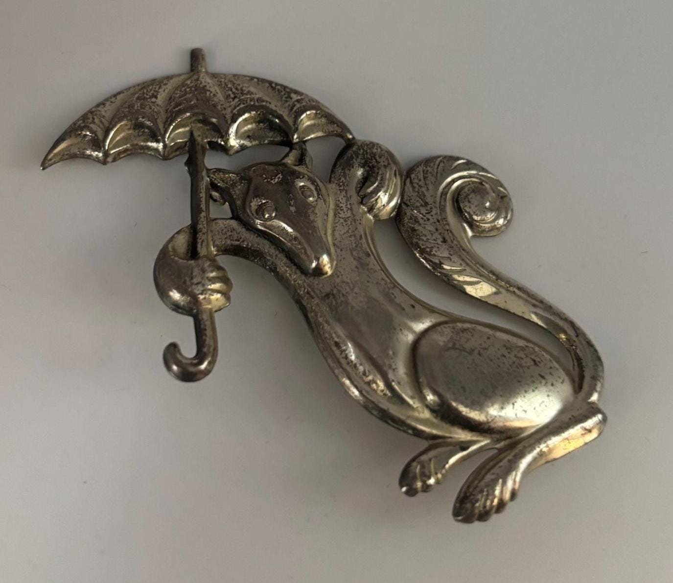 Vintage Rare Truant Fox & Umbrella Sterling Silver 3D Brooch Pin Lover Antiques and Vintage