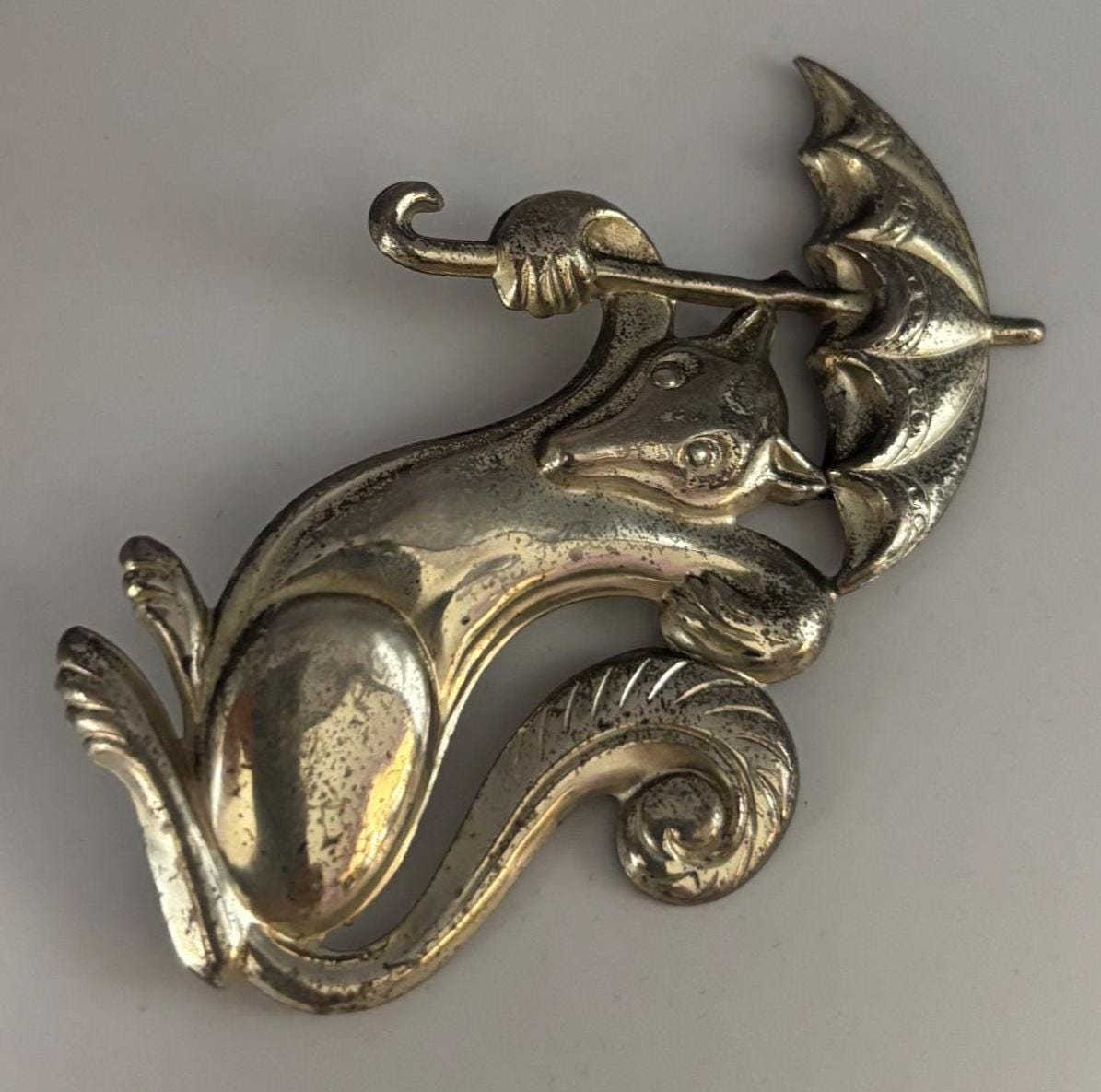 Vintage Rare Truant Fox & Umbrella Sterling Silver 3D Brooch Pin Lover Antiques and Vintage