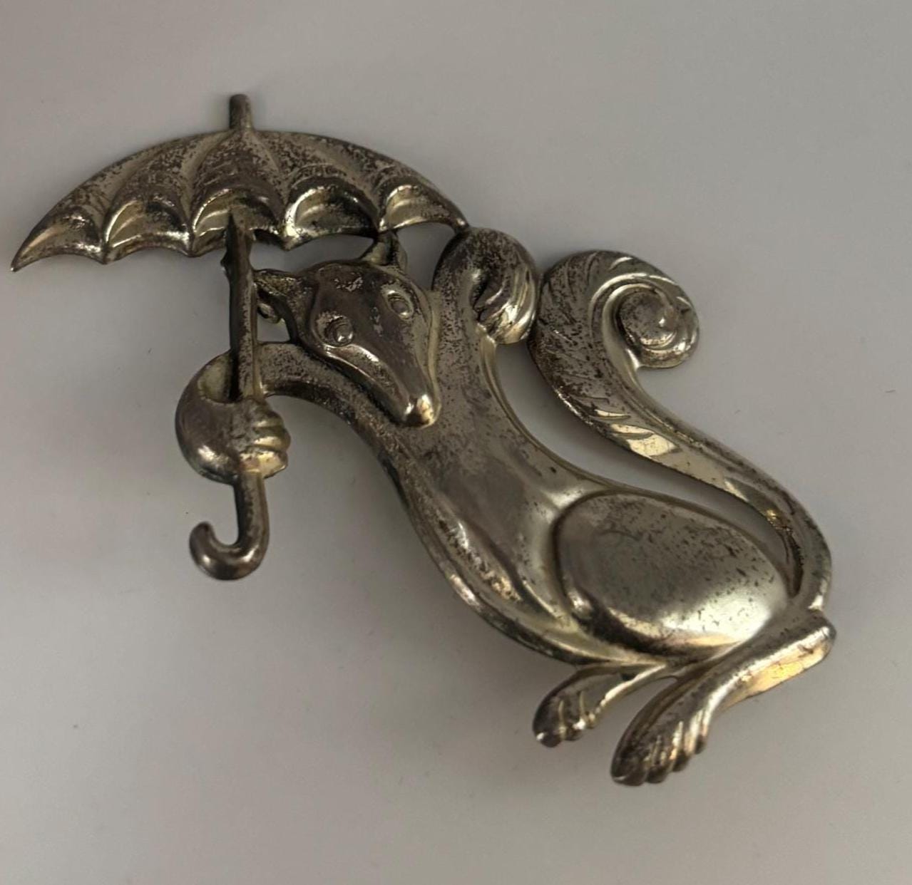 Vintage Rare Truant Fox & Umbrella Sterling Silver 3D Brooch Pin Lover Antiques and Vintage