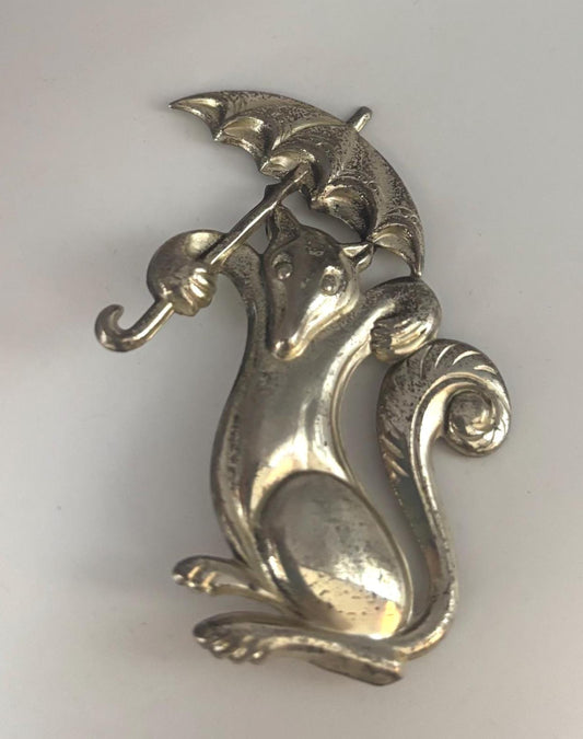 Vintage Rare Truant Fox & Umbrella Sterling Silver 3D Brooch Pin Lover Antiques and Vintage