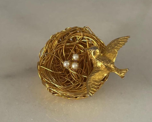 Vintage Gold Bird on Nest with Tiny Pearl Eggs in Basket Signed Jeanne Lover Antiques and Vintage
