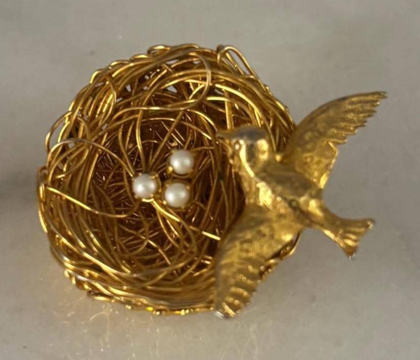 Vintage Gold Bird on Nest with Tiny Pearl Eggs in Basket Signed Jeanne Lover Antiques and Vintage