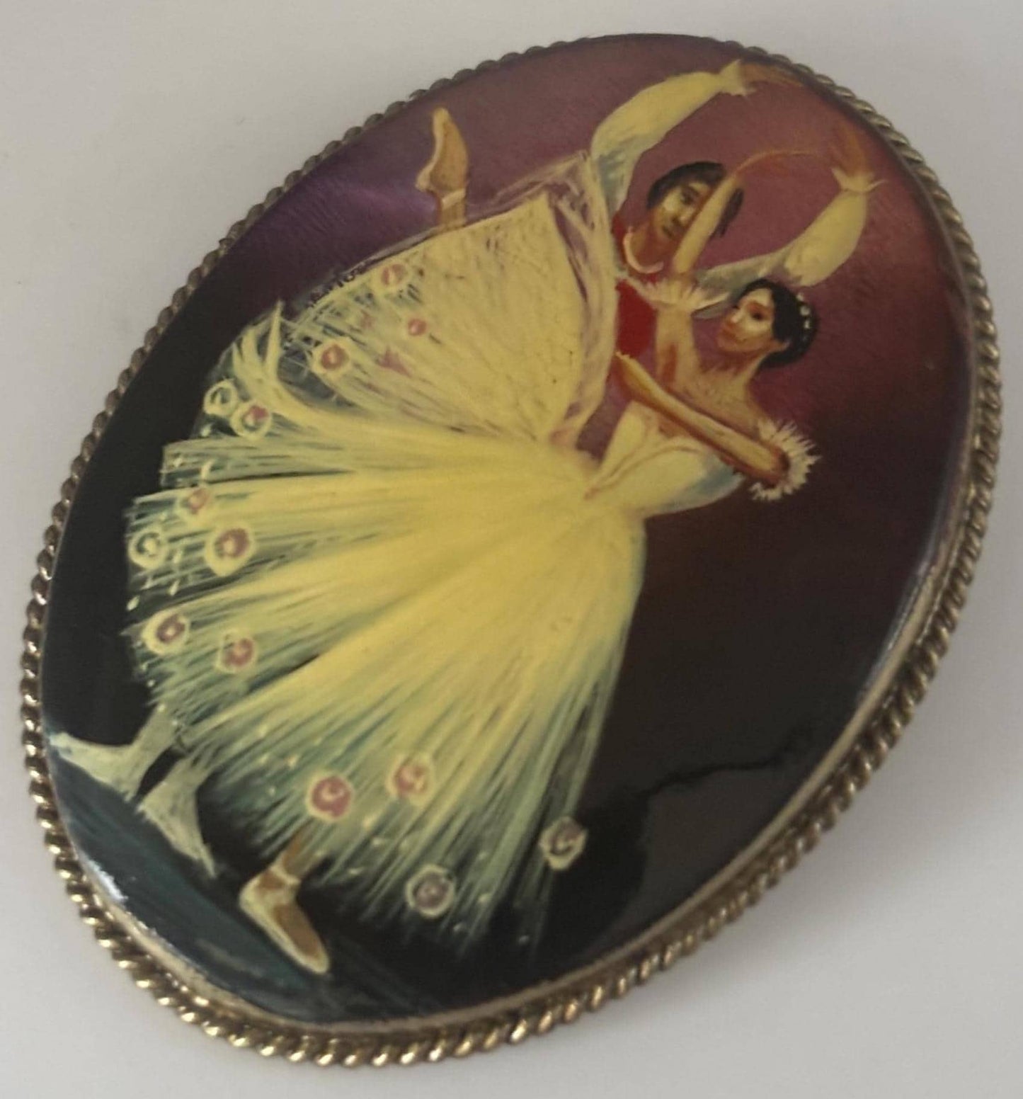 Fedoskino Russian Ballet Dancers Pin Mother of Pearl Lacquer German Silver Brooch RARE! Lover Antiques and Vintage