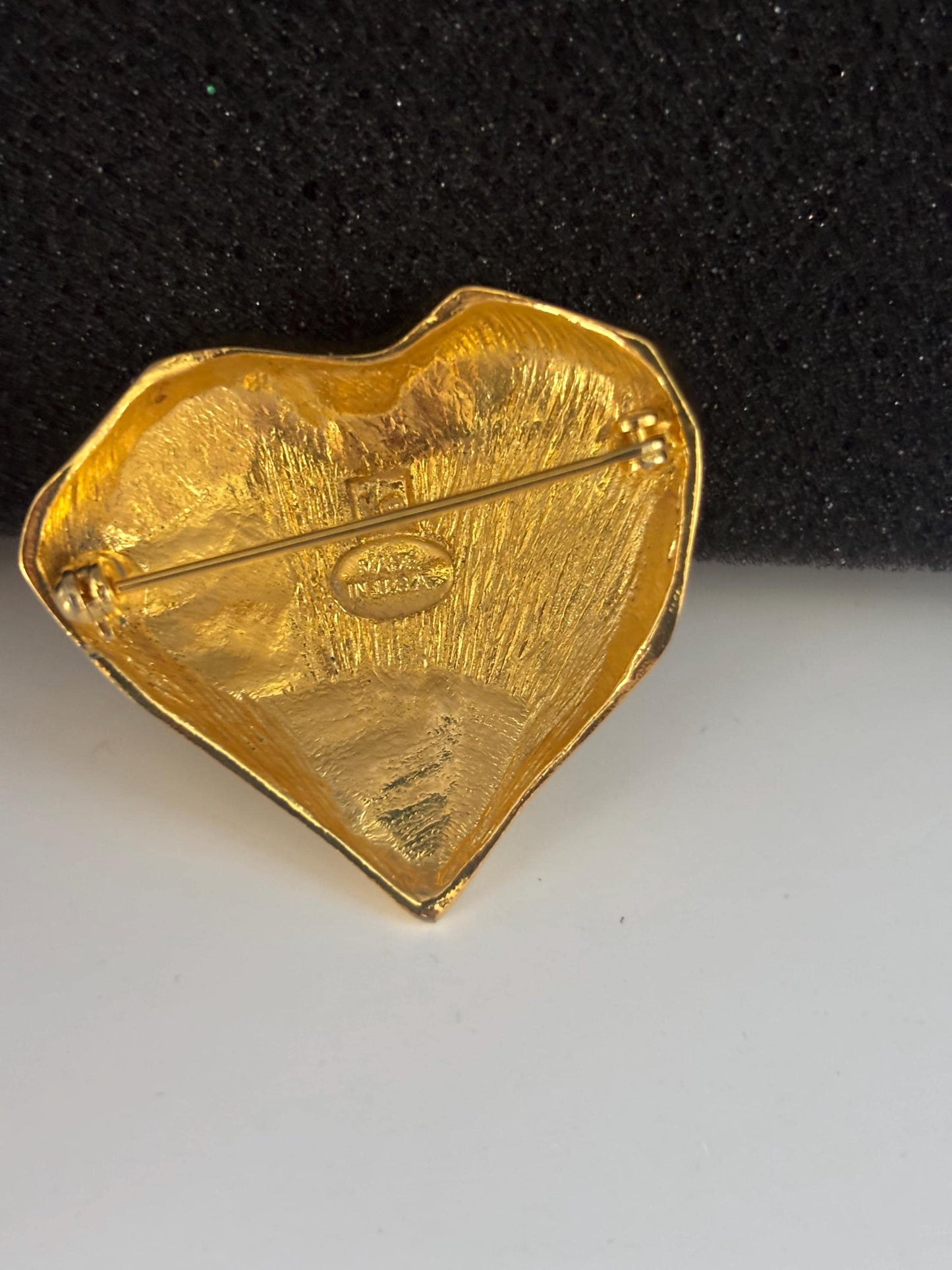 Vintage VO Les Bernardo Faceted Gold Chunky Heart Pin Brooch Marked USA Lover Antiques and Vintage