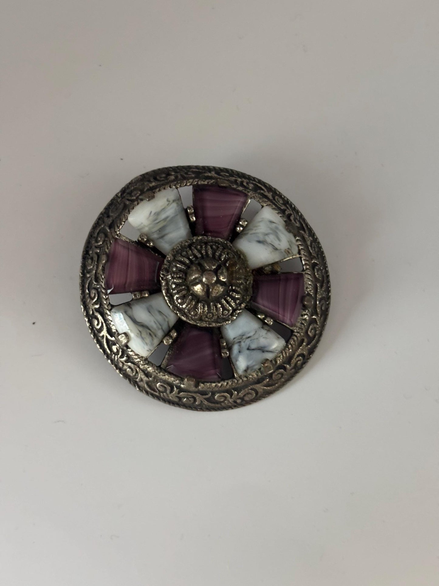 Vintage Miracle Celtic Style Brooch Purple Amethyst Gray Agate Silver Pin Lover Antiques and Vintage