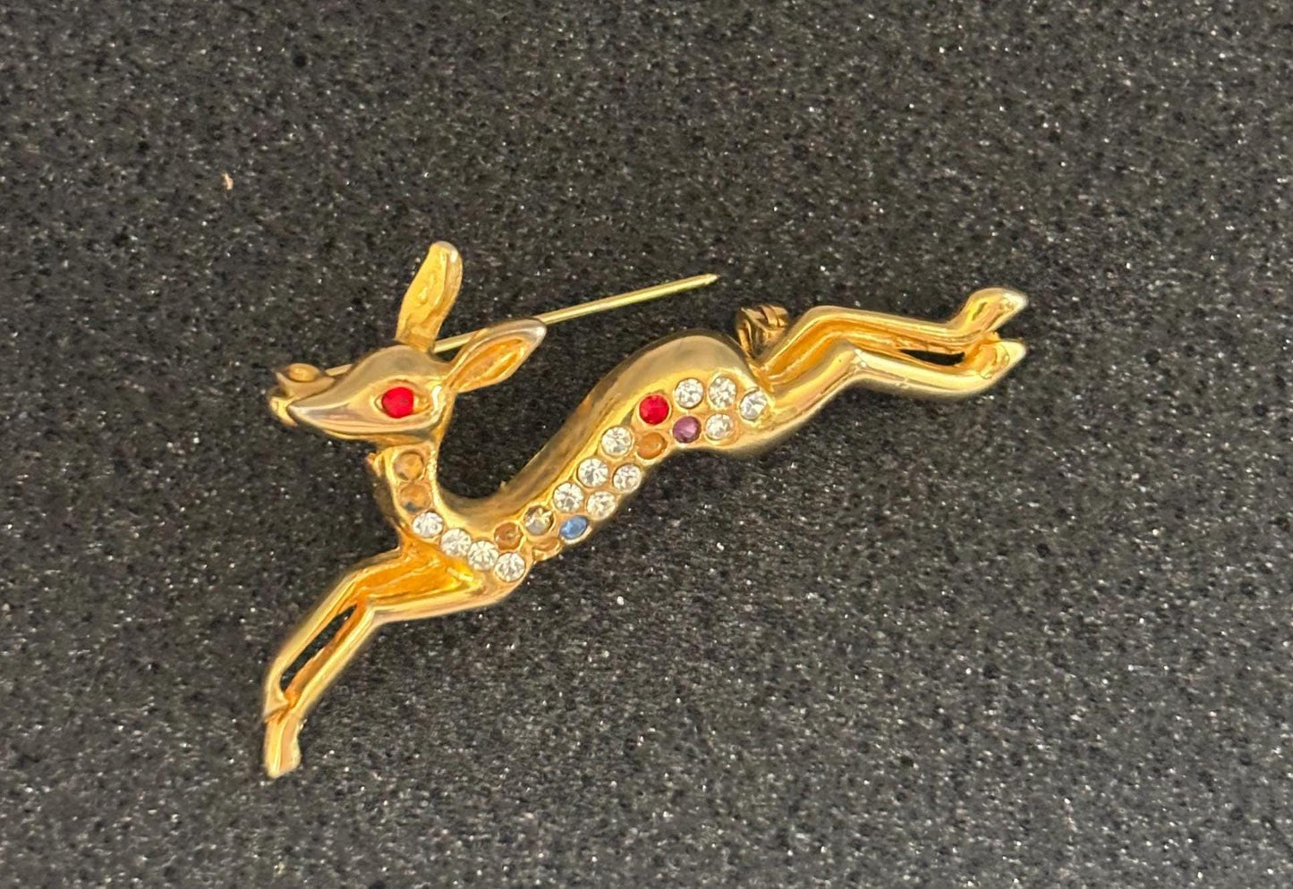 Vintage Deer Pin Gold with Colored Rhinestones Lover Antiques and Vintage