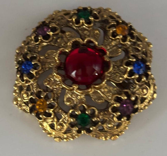Antique Bronze Cabochon with Colored Stones Brooch Pin Lover Antiques and Vintage