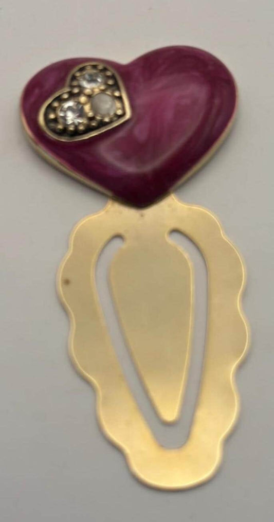 Vintage Gold Pink Heart Enamel Book Marker with Crystal Rhinestone Bookmark Lover Antiques and Vintage