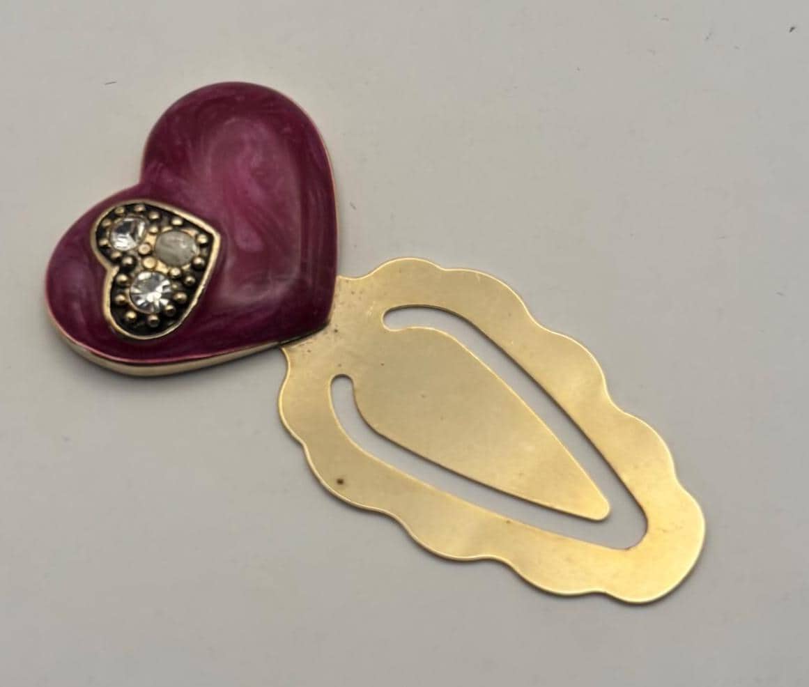 Vintage Gold Pink Heart Enamel Book Marker with Crystal Rhinestone Bookmark Lover Antiques and Vintage