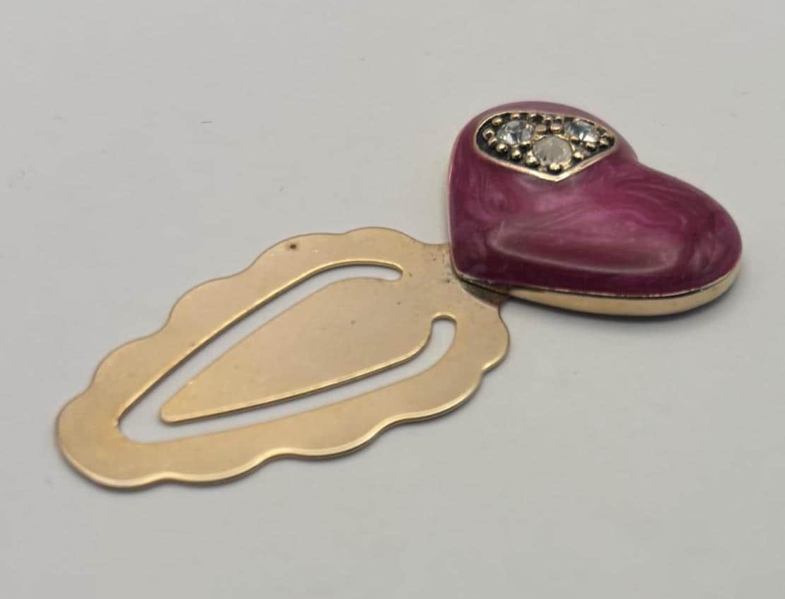Vintage Gold Pink Heart Enamel Book Marker with Crystal Rhinestone Bookmark Lover Antiques and Vintage