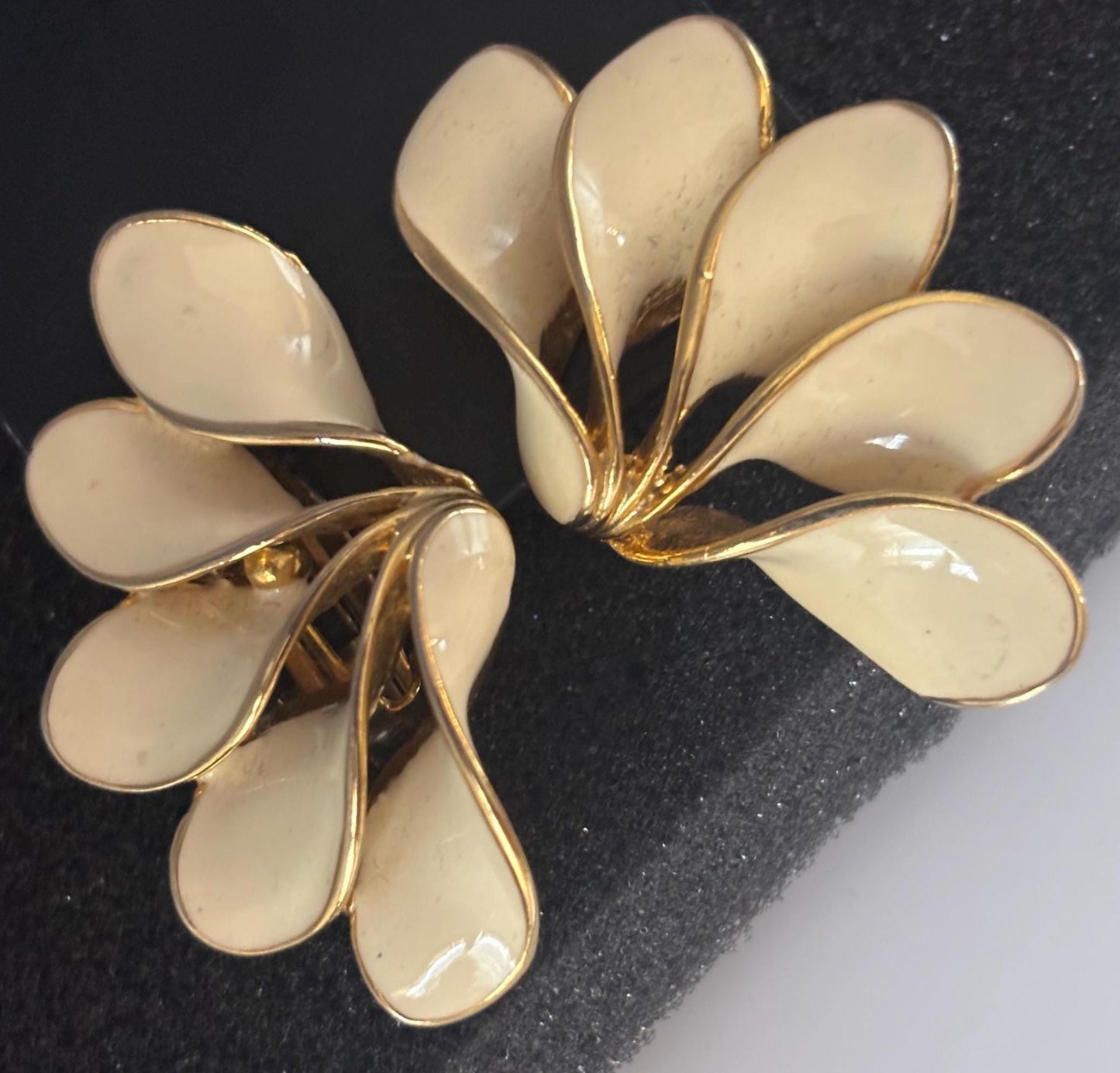 Vintage TAT Large Cream Enamel Fan Shaped Clip On Earrings Lover Antiques and Vintage