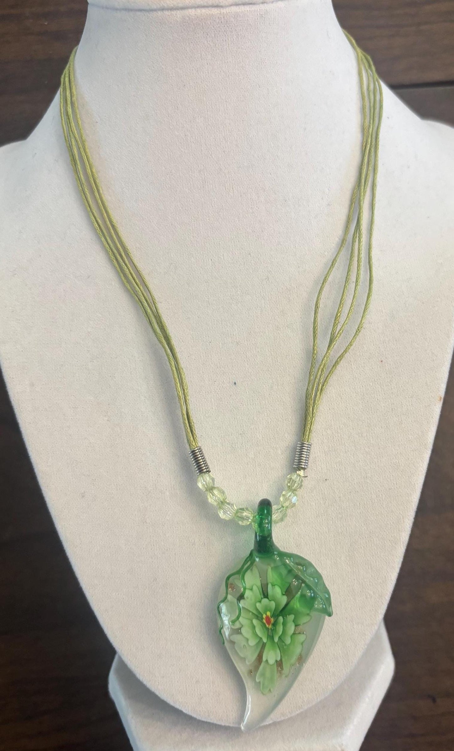 Vintage Green Glass Leaf Hinge Crafted Art Glass Necklace Lover Antiques and Vintage