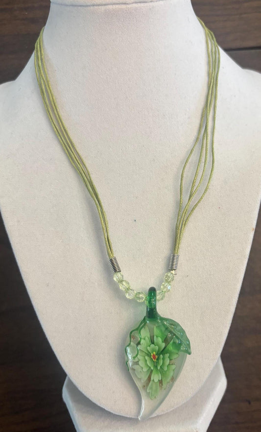 Vintage Green Glass Leaf Hinge Crafted Art Glass Necklace Lover Antiques and Vintage