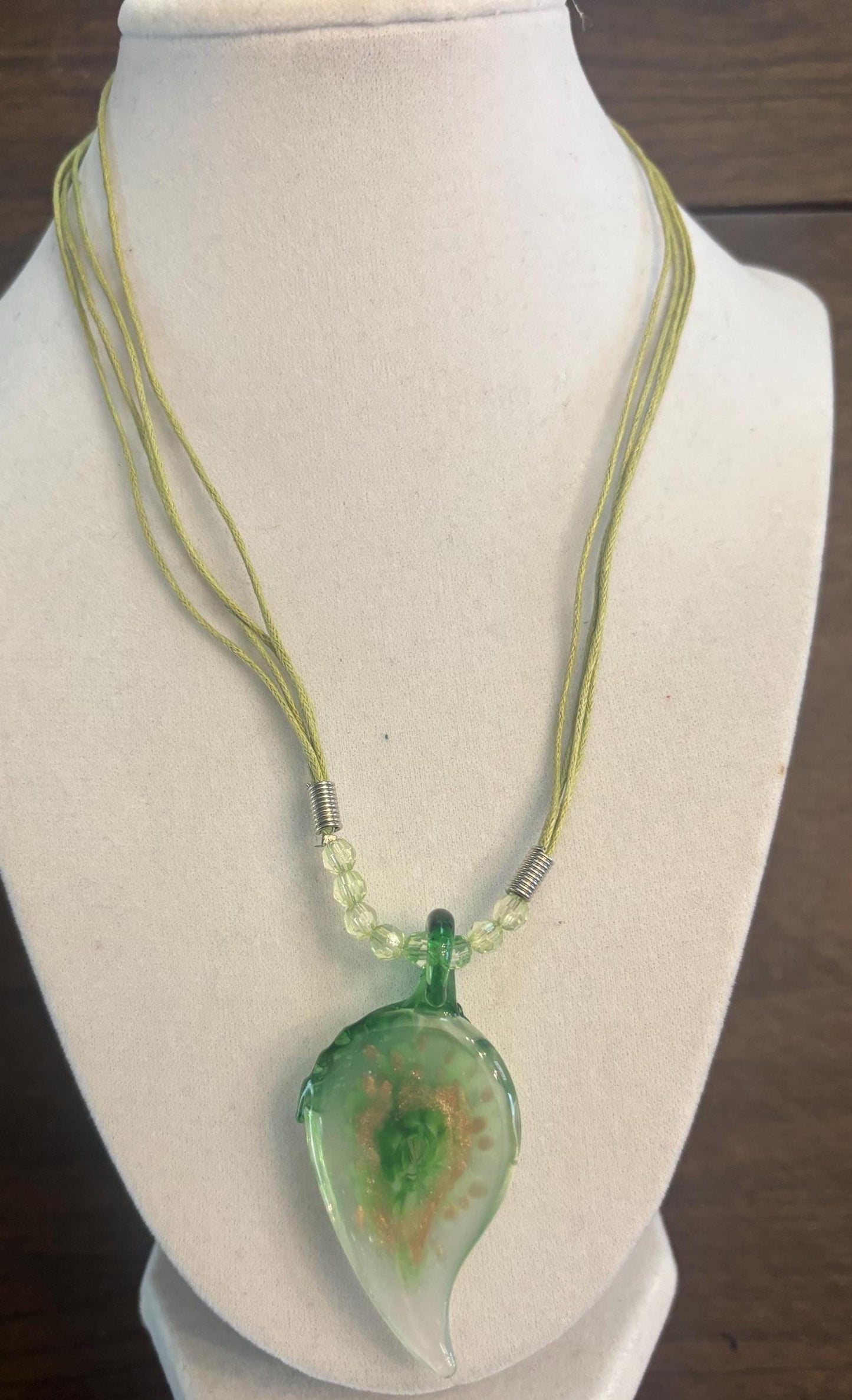 Vintage Green Glass Leaf Hinge Crafted Art Glass Necklace Lover Antiques and Vintage