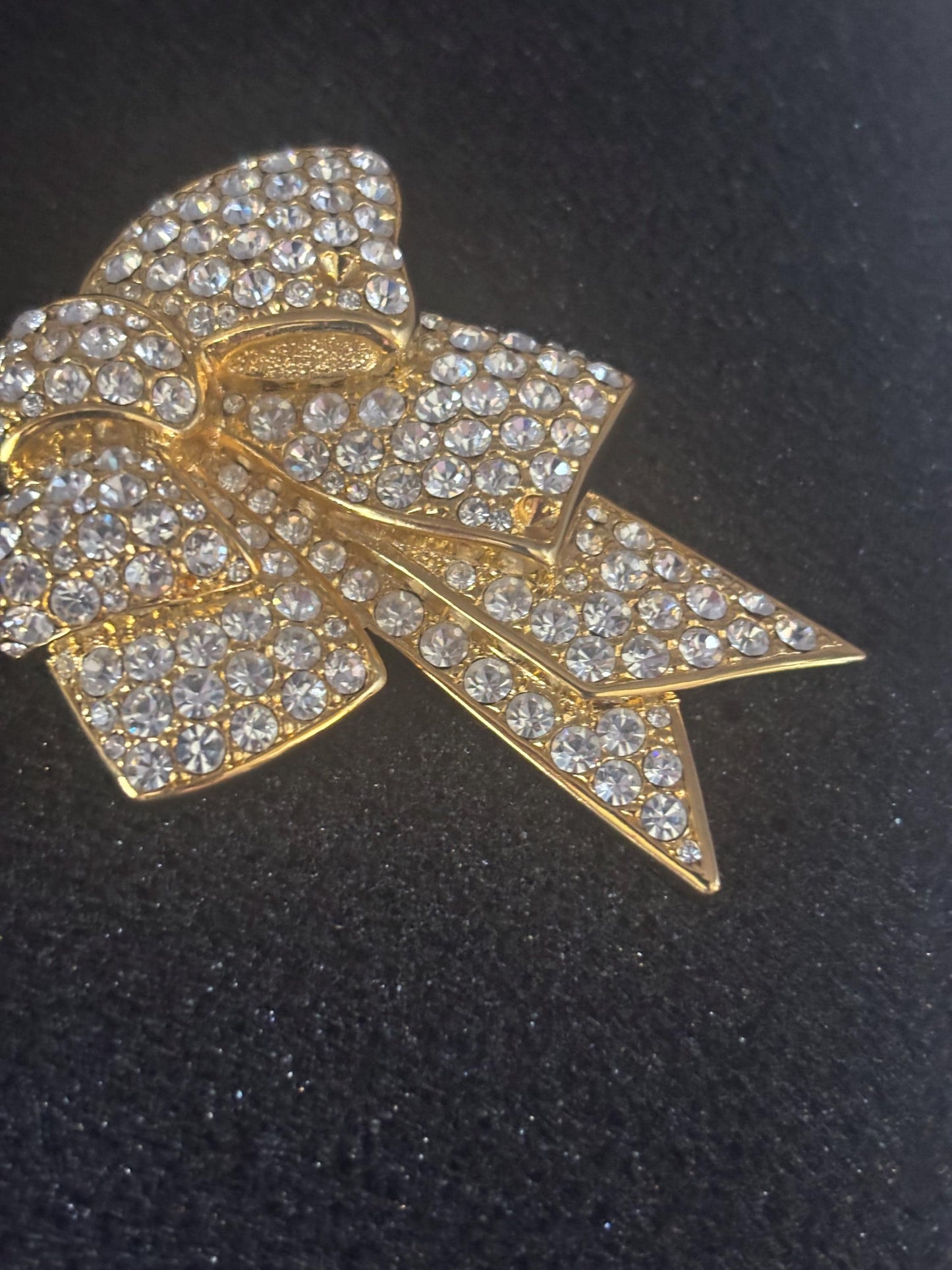 Vintage Nolan Miller Gold Tone Rhinestone Bow Brooch Pin Lover Antiques and Vintage