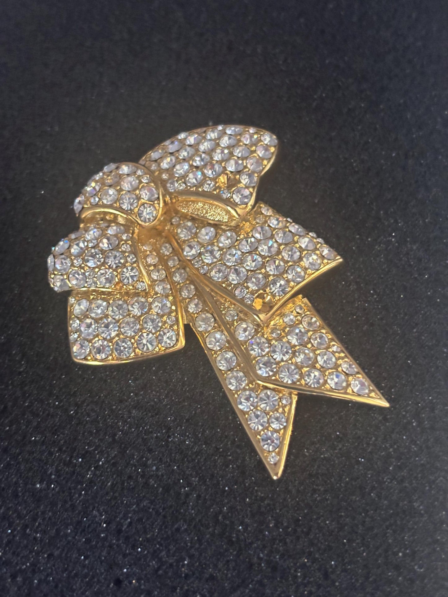 Vintage Nolan Miller Gold Tone Rhinestone Bow Brooch Pin Lover Antiques and Vintage
