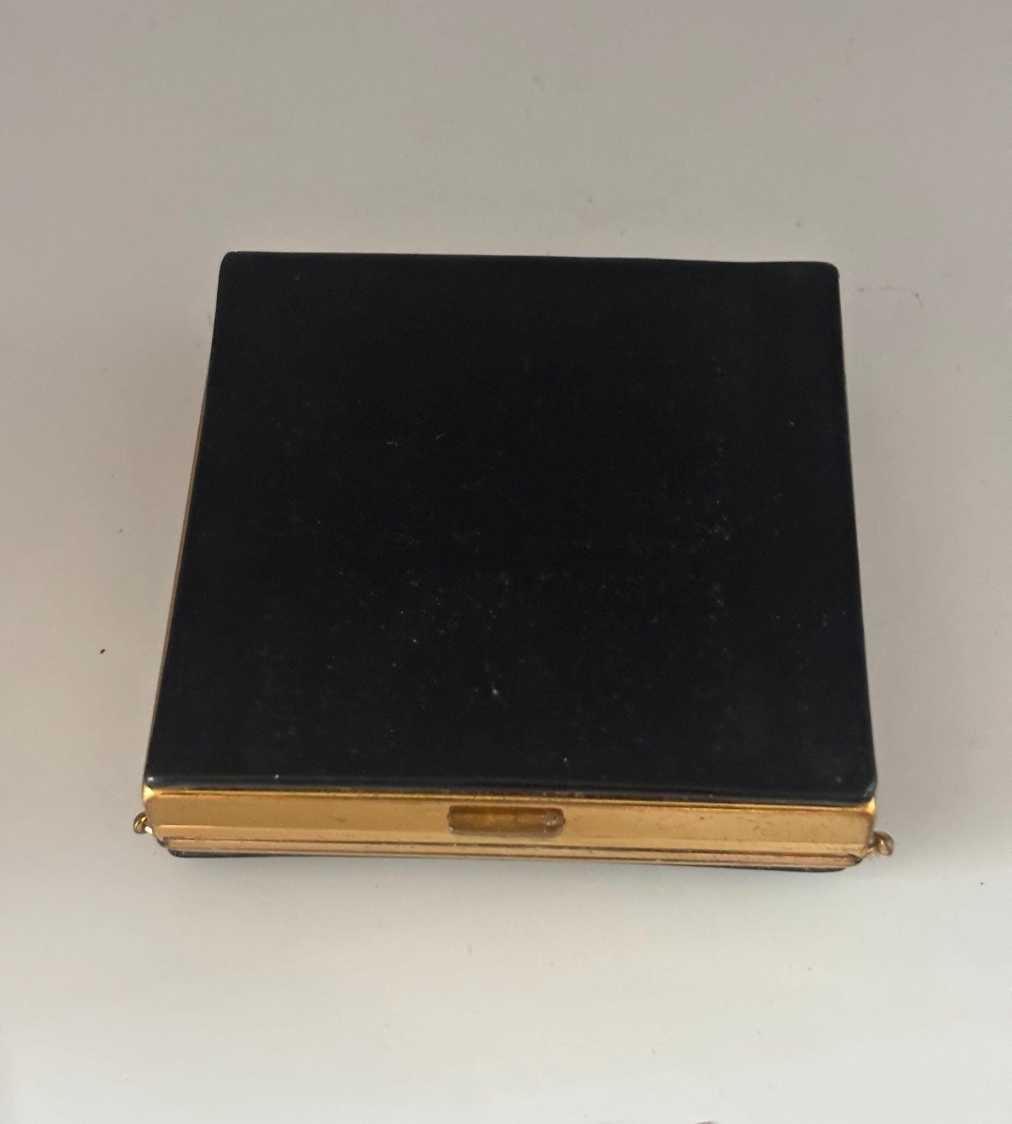 Vintage Black & Gold Square Enamel Powder Puff Case Rhinestones Lover Antiques and Vintage