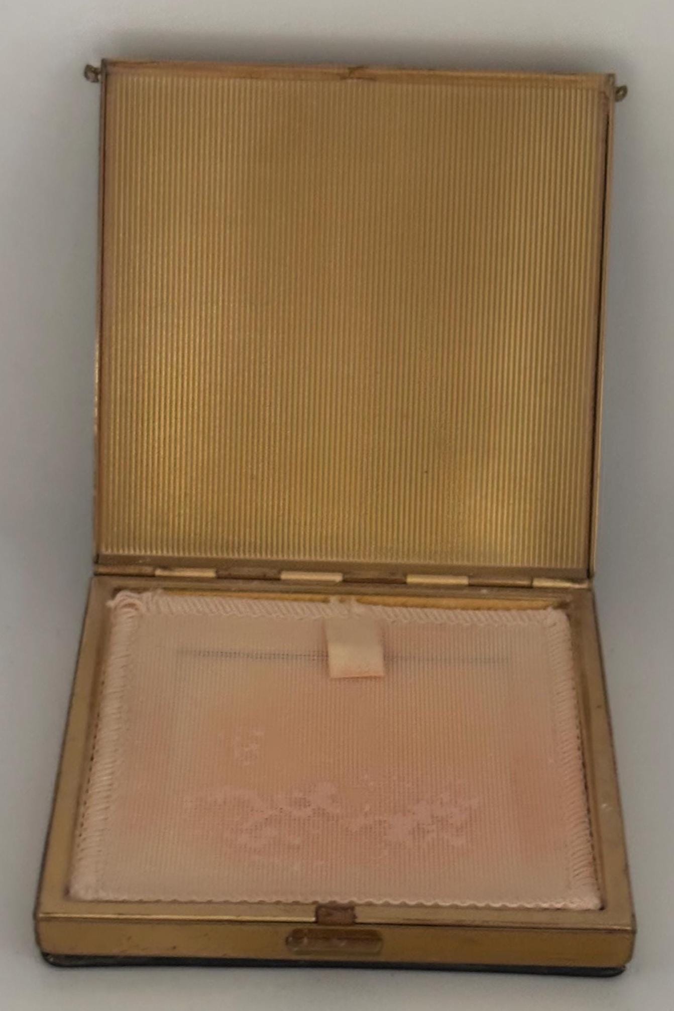 Vintage Black & Gold Square Enamel Powder Puff Case Rhinestones Lover Antiques and Vintage