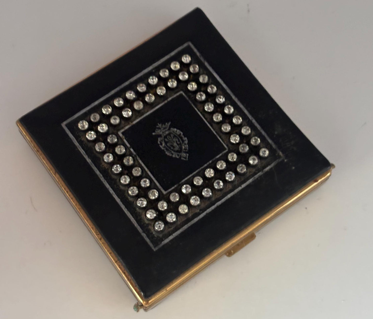 Vintage Black & Gold Square Enamel Powder Puff Case Rhinestones Lover Antiques and Vintage
