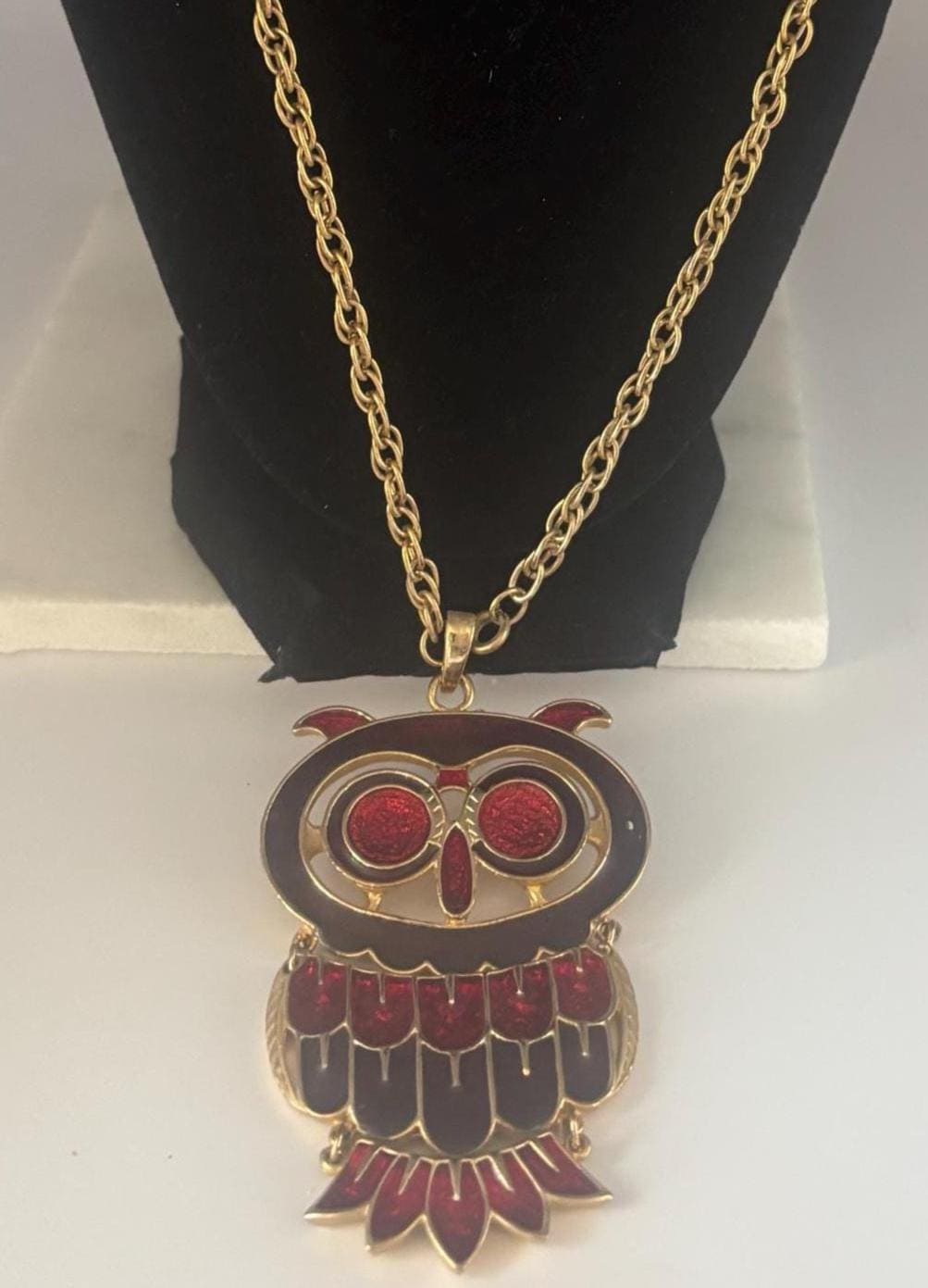 Vintage Red Enamel and Gold Owl Necklace Lover Antiques and Vintage