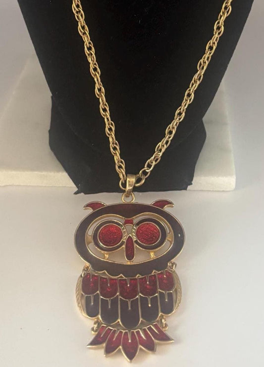 Vintage Red Enamel and Gold Owl Necklace Lover Antiques and Vintage