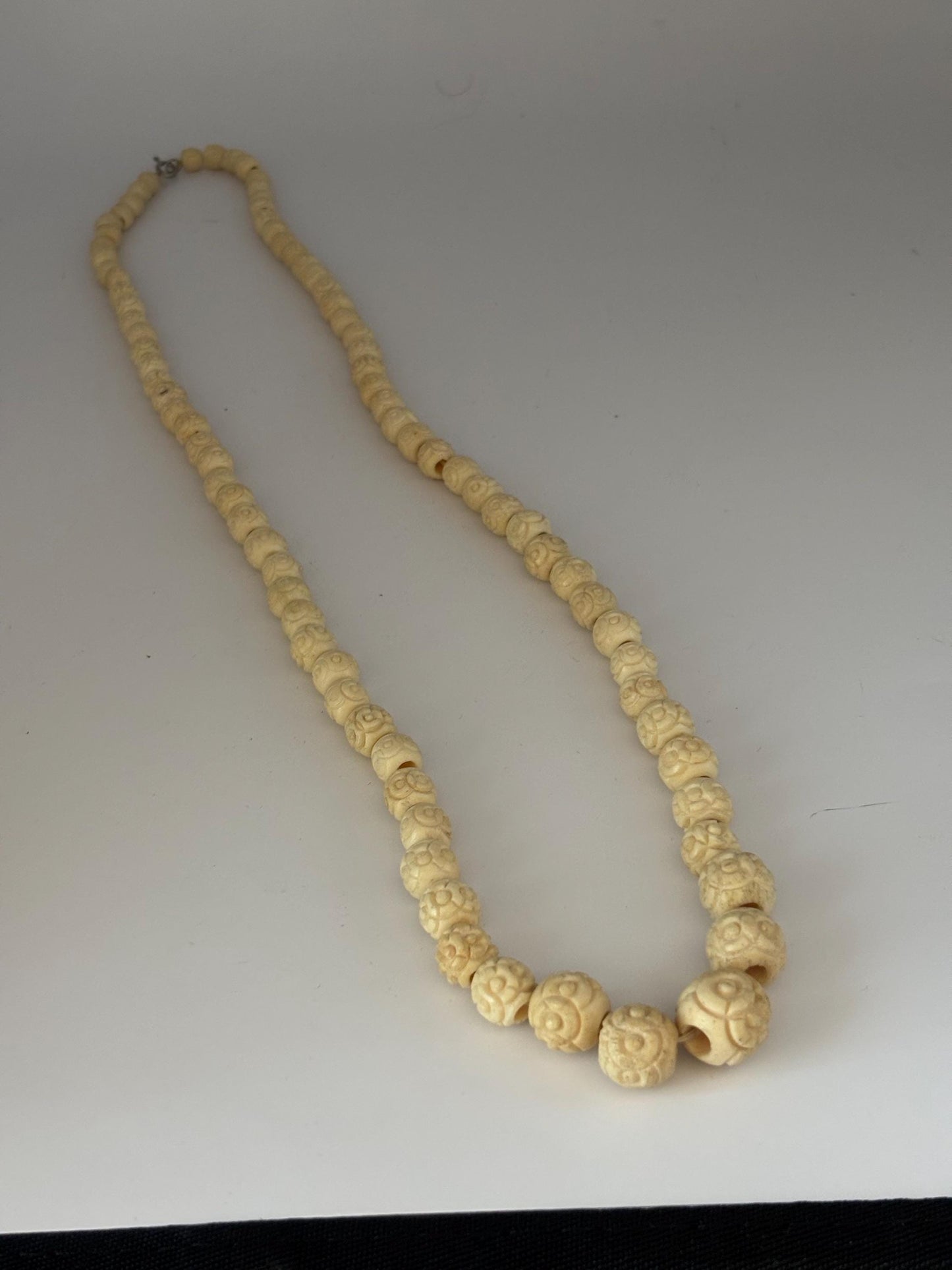Vintage Hand Carved Bone Beaded Necklace Graduated Beads Lover Antiques and Vintage