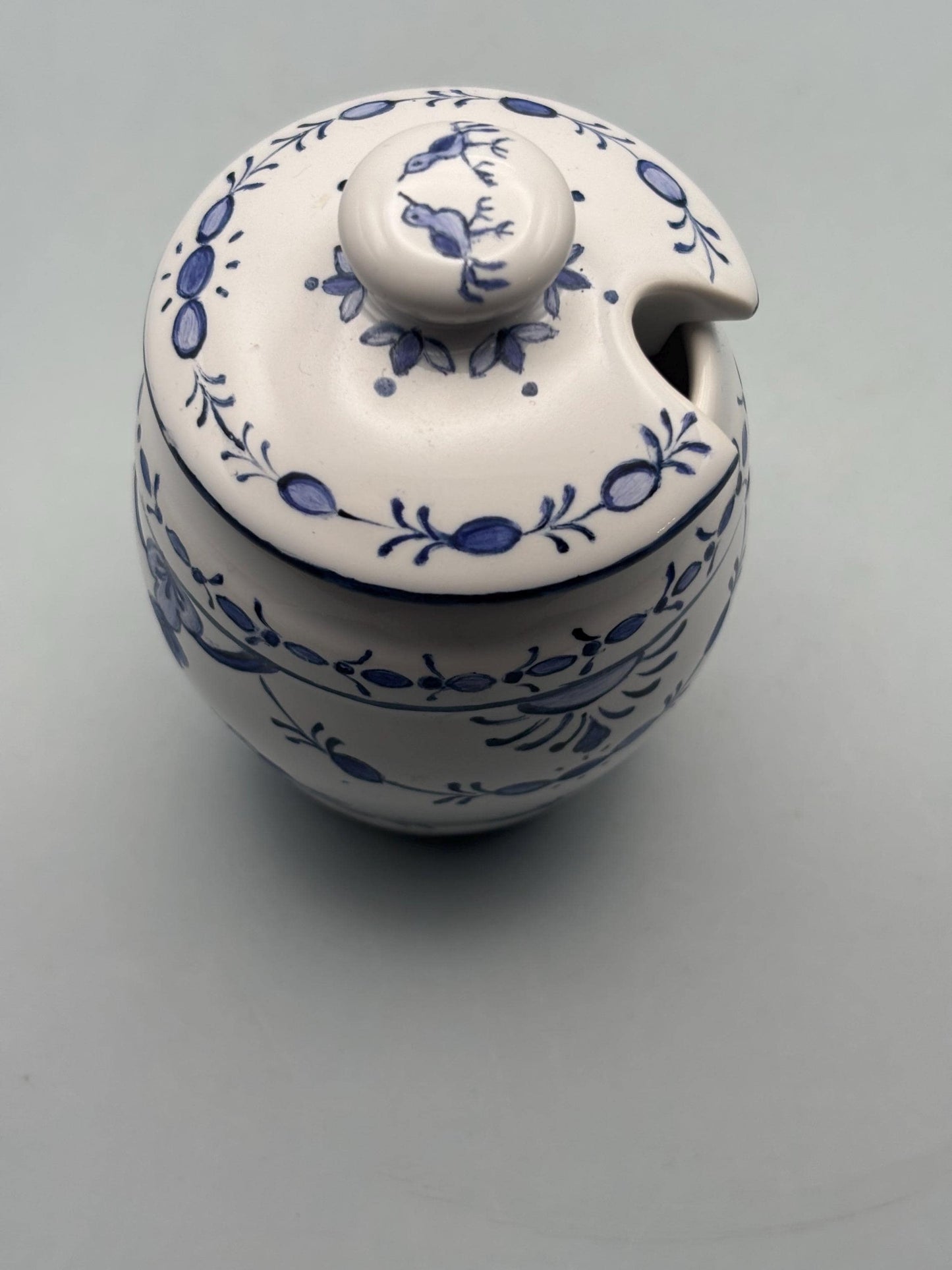 Vintage Royal Blue Delft Covered Sugar Bowl Signed CJ Lover Antiques and Vintage