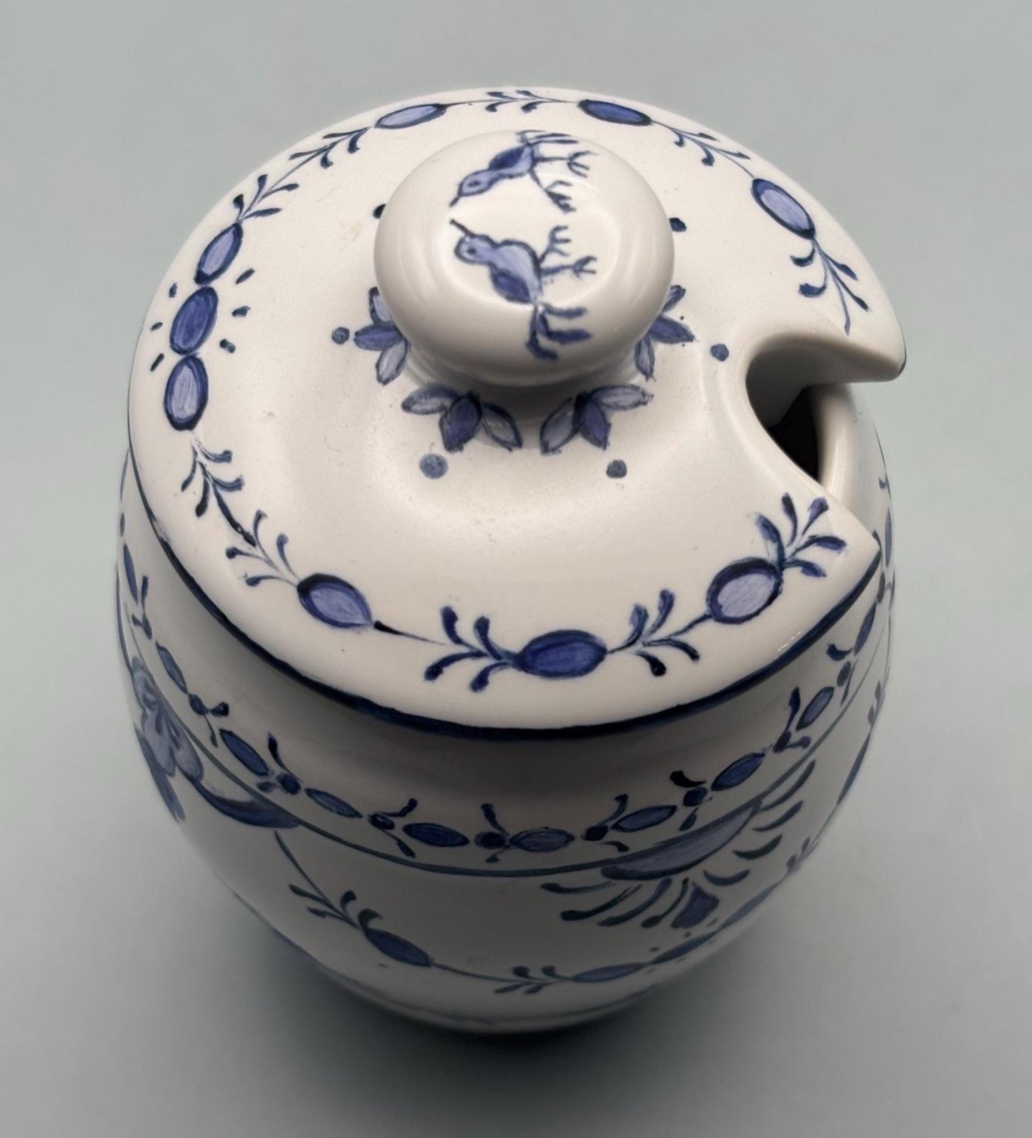 Vintage Royal Blue Delft Covered Sugar Bowl Signed CJ Lover Antiques and Vintage